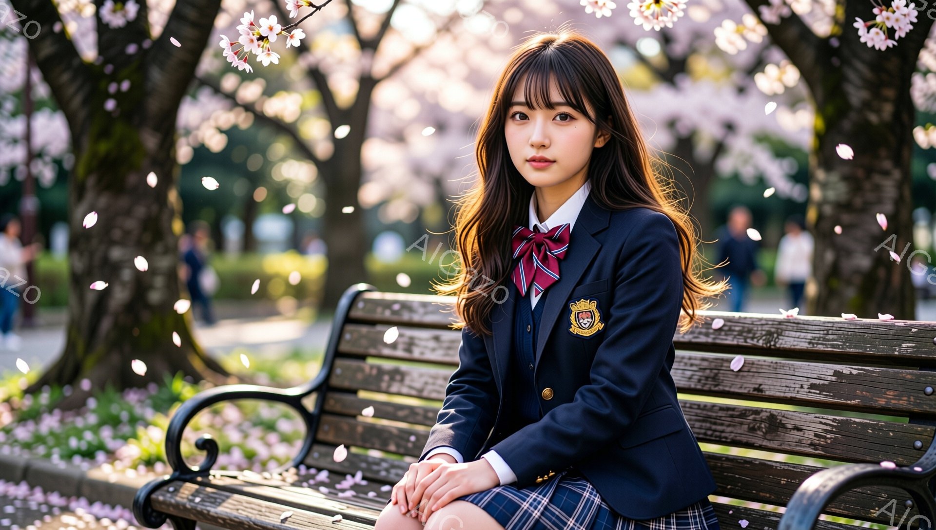 画像には、桜の木の下のベンチに座る若い女性が写っています。彼女は紺色のブレザー、チェック柄のスカート、赤いリボン付きの白いブラウスを着ており、長い茶髪をなでつけ、穏やかな表情をしています。背景には、桜の花びらが舞い散る公園の風景とぼやけた人影が広がっており、春の穏やかな雰囲気を醸し出しています。