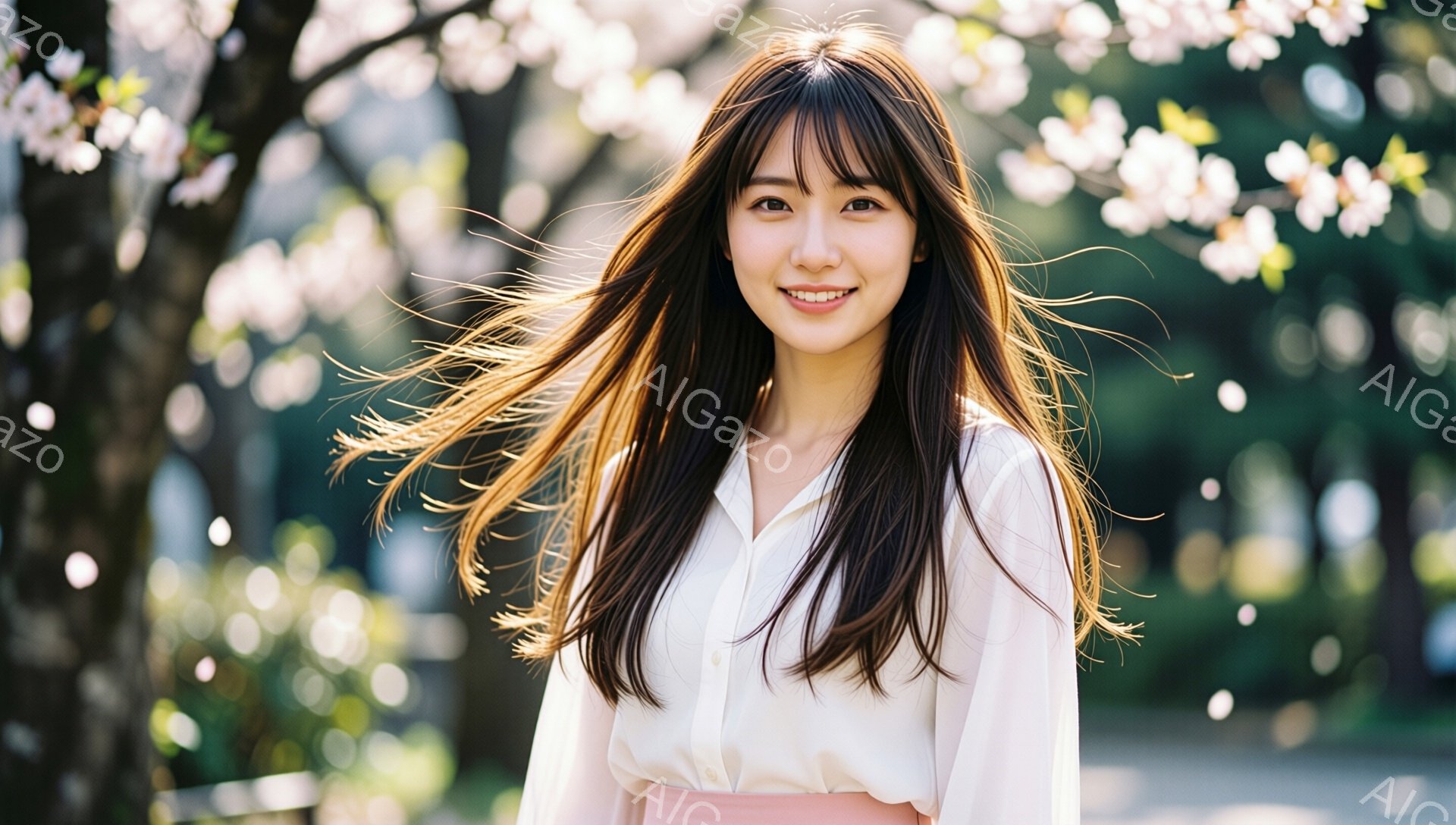 長い黒髪をなびかせ、白いシャツとピンク色のスカートを身につけた女性が微笑んでいます。彼女はカメラに向かってわずかに体を傾け、春の桜並木の背景に、明るく穏やかな雰囲気を醸し出しています。桜の花びらが舞い - AI生成フリー素材
