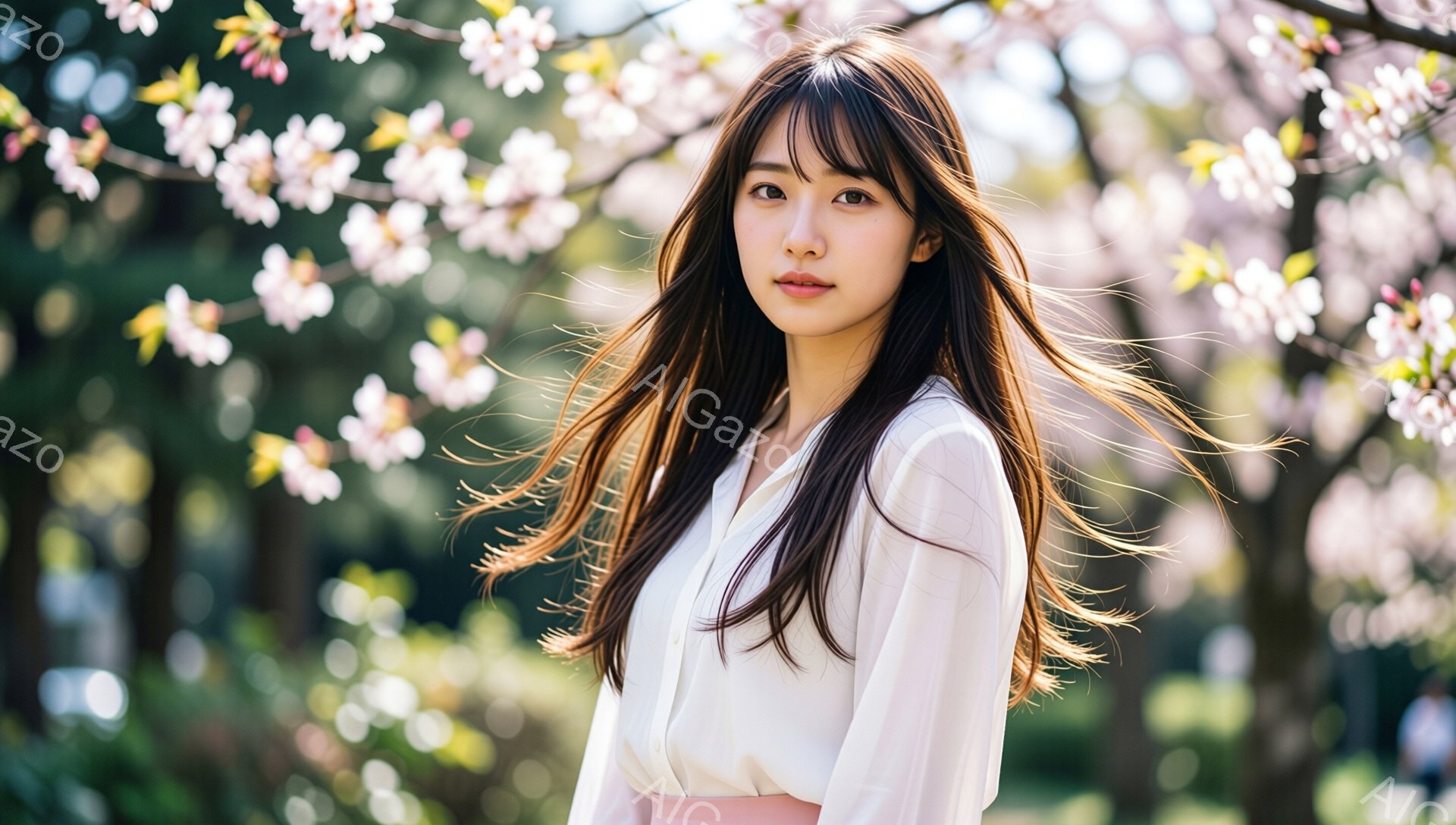長い黒髪を風になびかせた若い女性が写っている。オフホワイトのシアーなブラウスとピンク色のベルトを着用し、少し微笑んだ表情でカメラを見つめている。背景には、桜の花びらが散りばめられたぼやけた桜並木があり、春の穏やかな雰囲気を醸し出している。