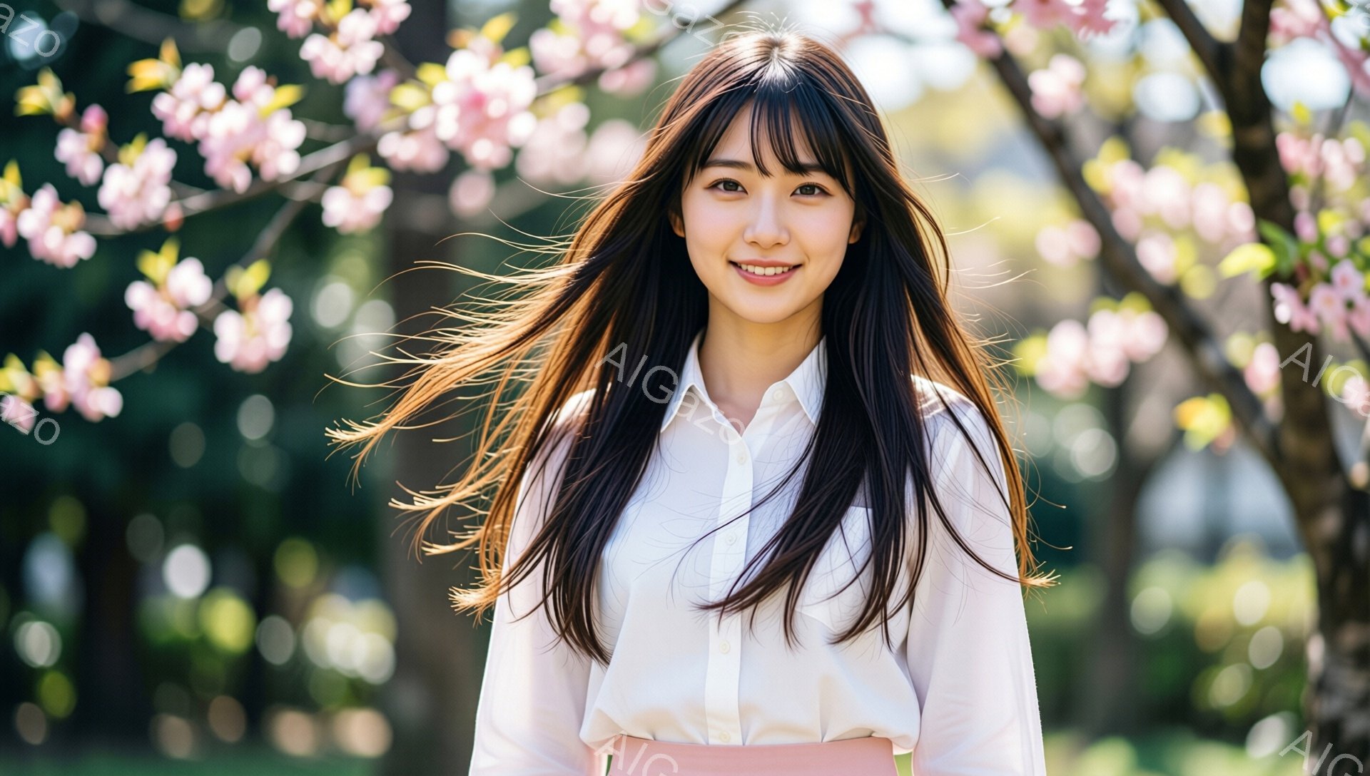 長い黒髪の女性が、白いシャツとピンク色のスカートを着て微笑んでいます。彼女の髪は風になびき、背景には桜の花が咲き乱れ、春の暖かな日差しが感じられます。全体的に、明るく希望に満ちた雰囲気が漂っています。