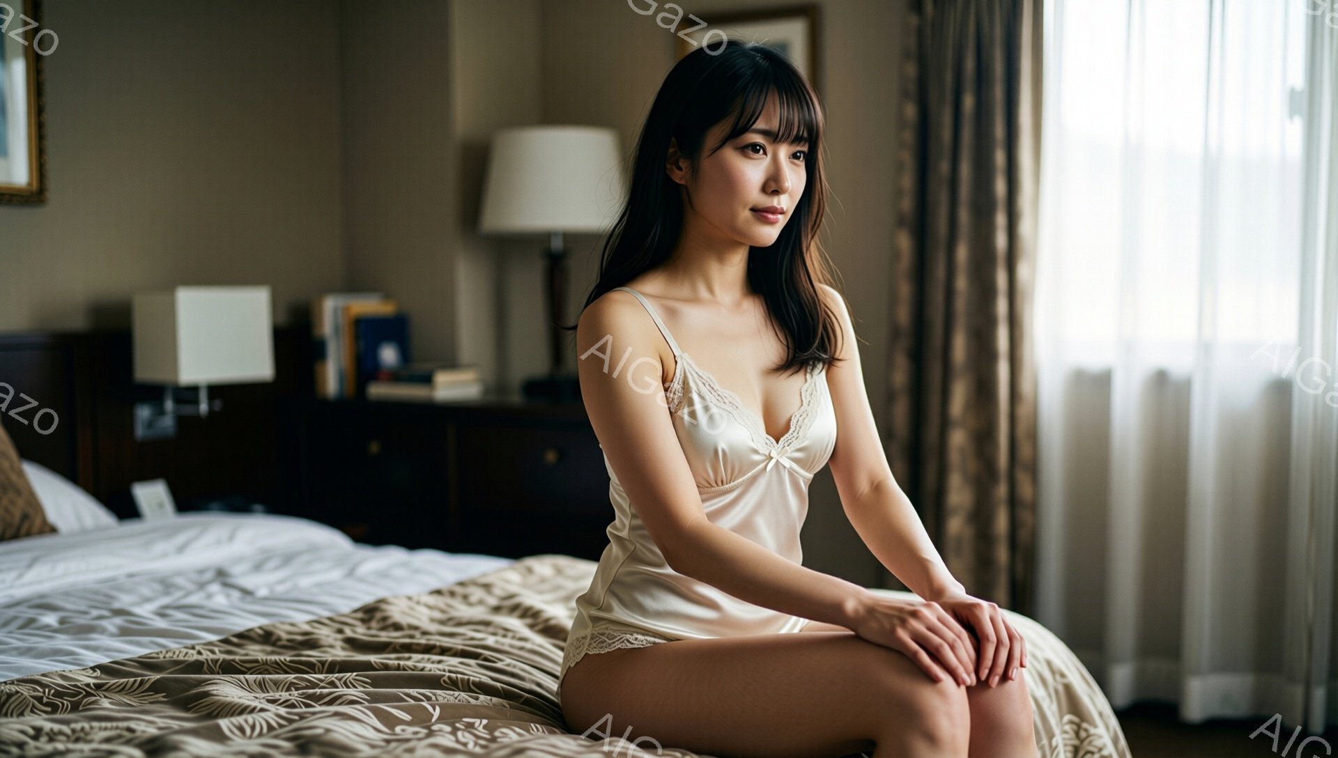 長い黒髪の女性が、クリーム色のレース付きキャミソールとショーツ姿でベッドに座っています。少し物憂げな表情で、窓の外を見つめています。背景には、ナイトテーブル、ランプ、そしてカーテンがかかった窓が見え、落ち着いた室内空間が広がっています。