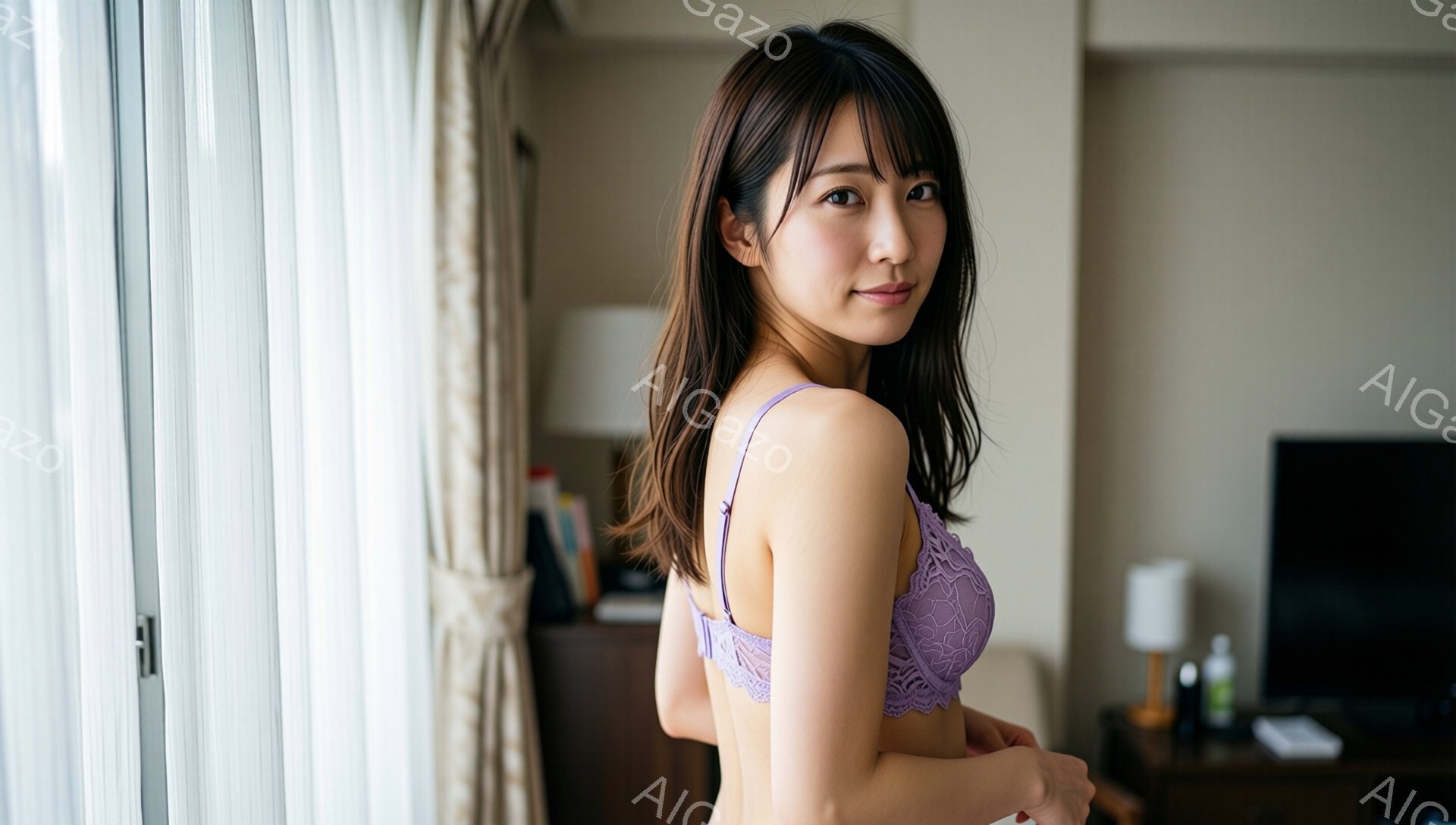 長い茶髪の女性が、薄紫色のレースのブラレットと下着姿で、少し振り返ってこちらを見ている。背景にはベージュのカーテンと、木製の家具が見え、室内でリラックスした雰囲気が漂っている。彼女は微笑んでおり、穏やかで親しみやすい表情をしている。