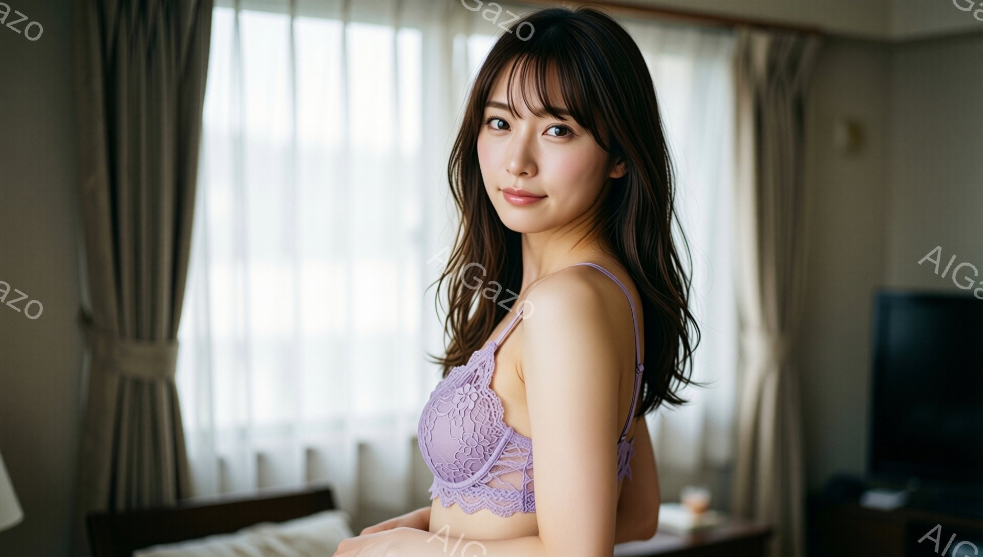長い茶色の髪を肩にかかるように下ろし、レースの紫色のブラレットを着た若い女性が写っています。彼女は少し微笑んでおり、リラックスした姿勢でベッドに腰掛けています。背景には白いカーテンと木製の家具が見え、 - AI生成フリー素材