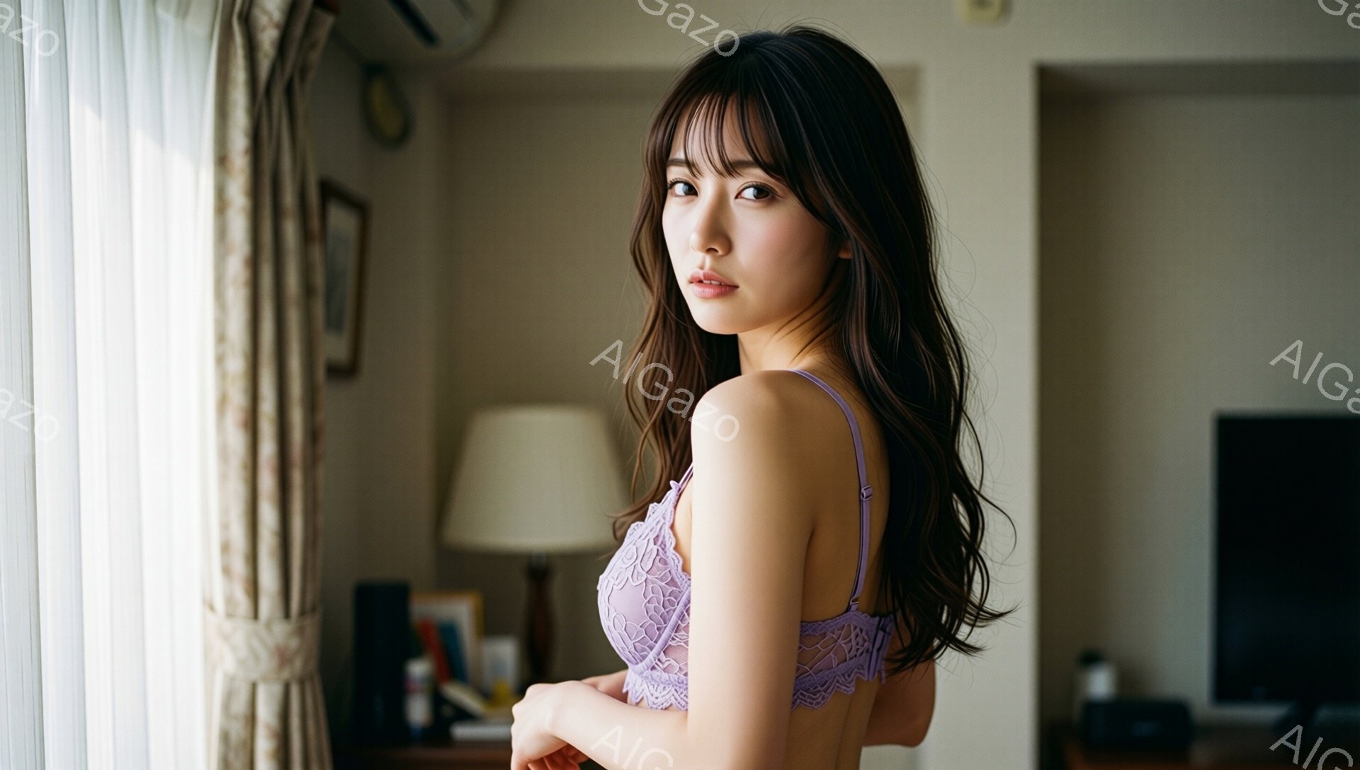 長い黒髪の女性が、薄紫色のレースのブラレットを着て、少し振り返ってこちらを見ている。彼女は片手を腰に当てており、背景には木製の家具やランプ、テレビが見える穏やかな室内である。光が差し込む窓からの柔らか - AI生成フリー素材