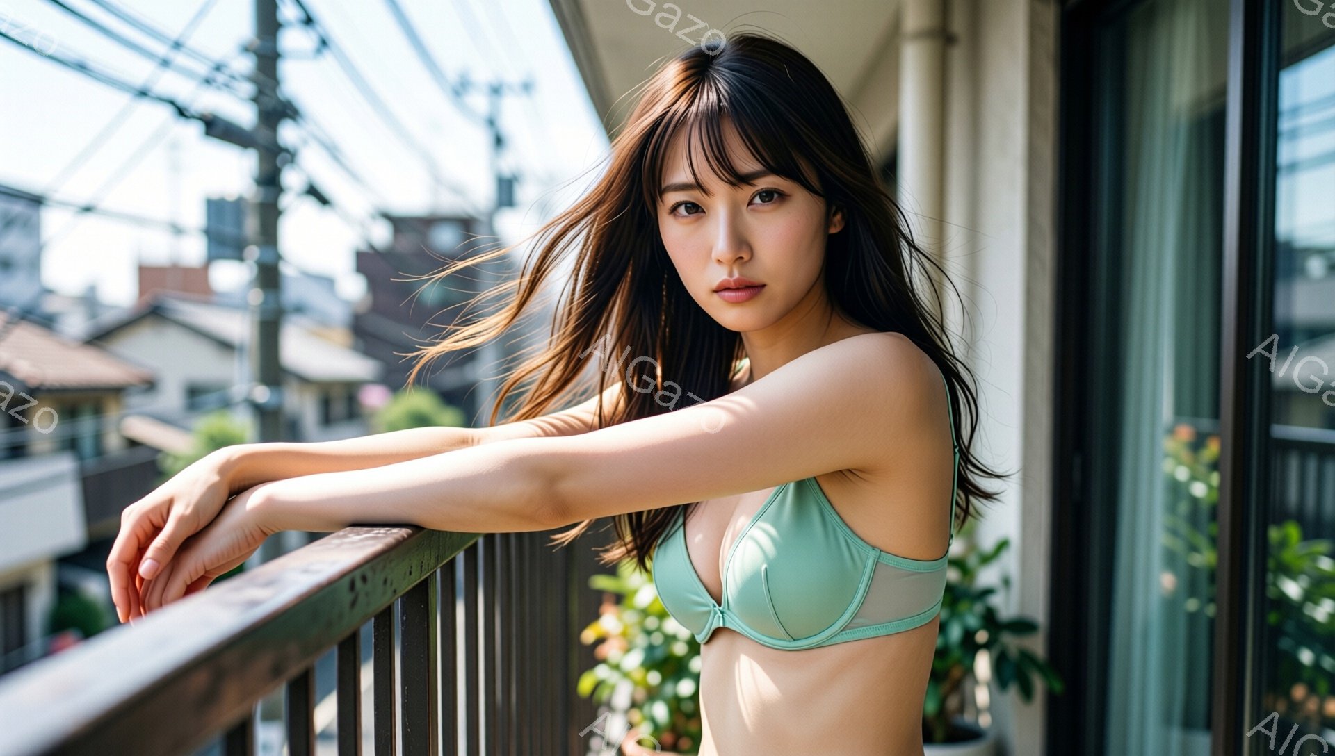 長いダークブラウンの髪を持つ若い女性がバルコニーに立っており、ペールグリーンのブラレットを着用しています。彼女はリラックスした表情でバルコニーの手すりに手を置き、少し下を見つめています。背景には密集した住宅地が広がり、晴れた空の下、植物がバルコニーを彩っています。