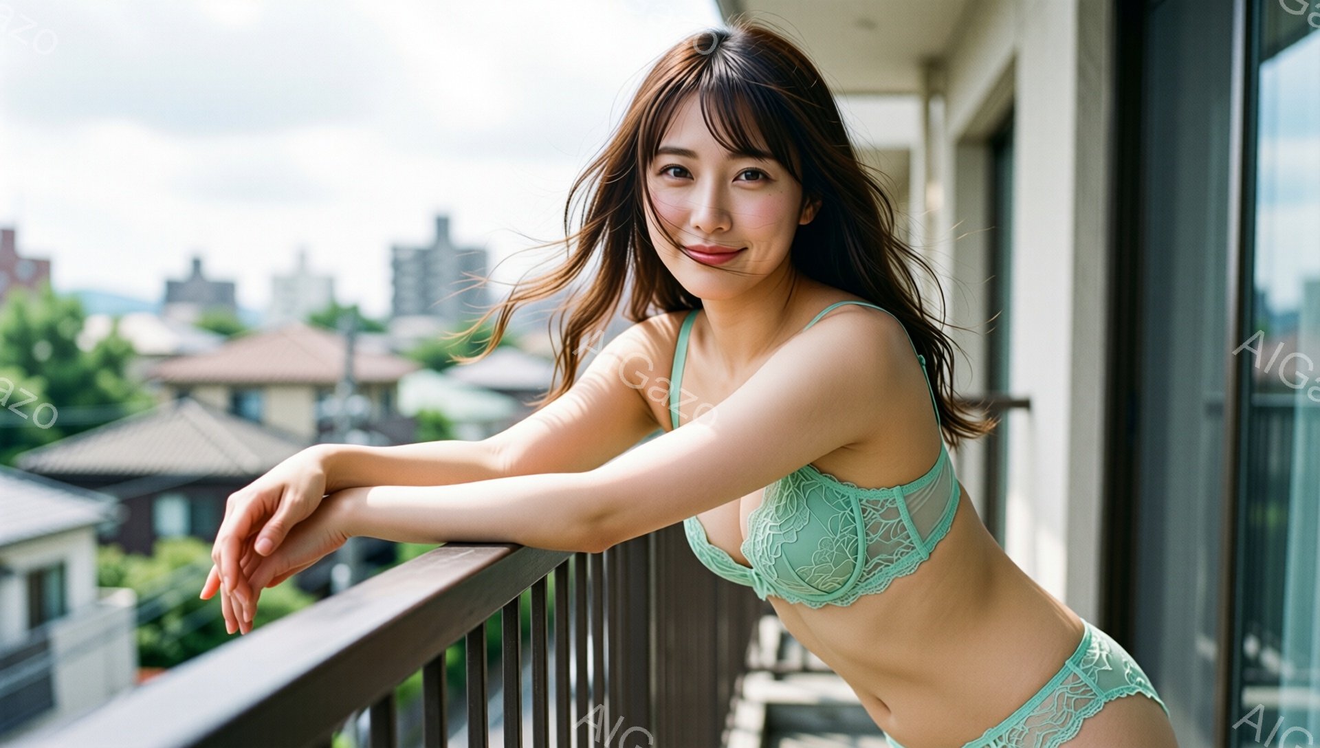 長い茶色の髪を無造作に垂らし、エメラルドグリーンの繊細なレースのブラとショーツを身に着けた女性がバルコニーに寄りかかっています。彼女は微笑んでおり、リラックスした姿勢で肘をつき、眼差しはカメラに向けられています。背景には密集した住宅街と、霞んだ山々が見え、晴天ですが若干曇り空です。