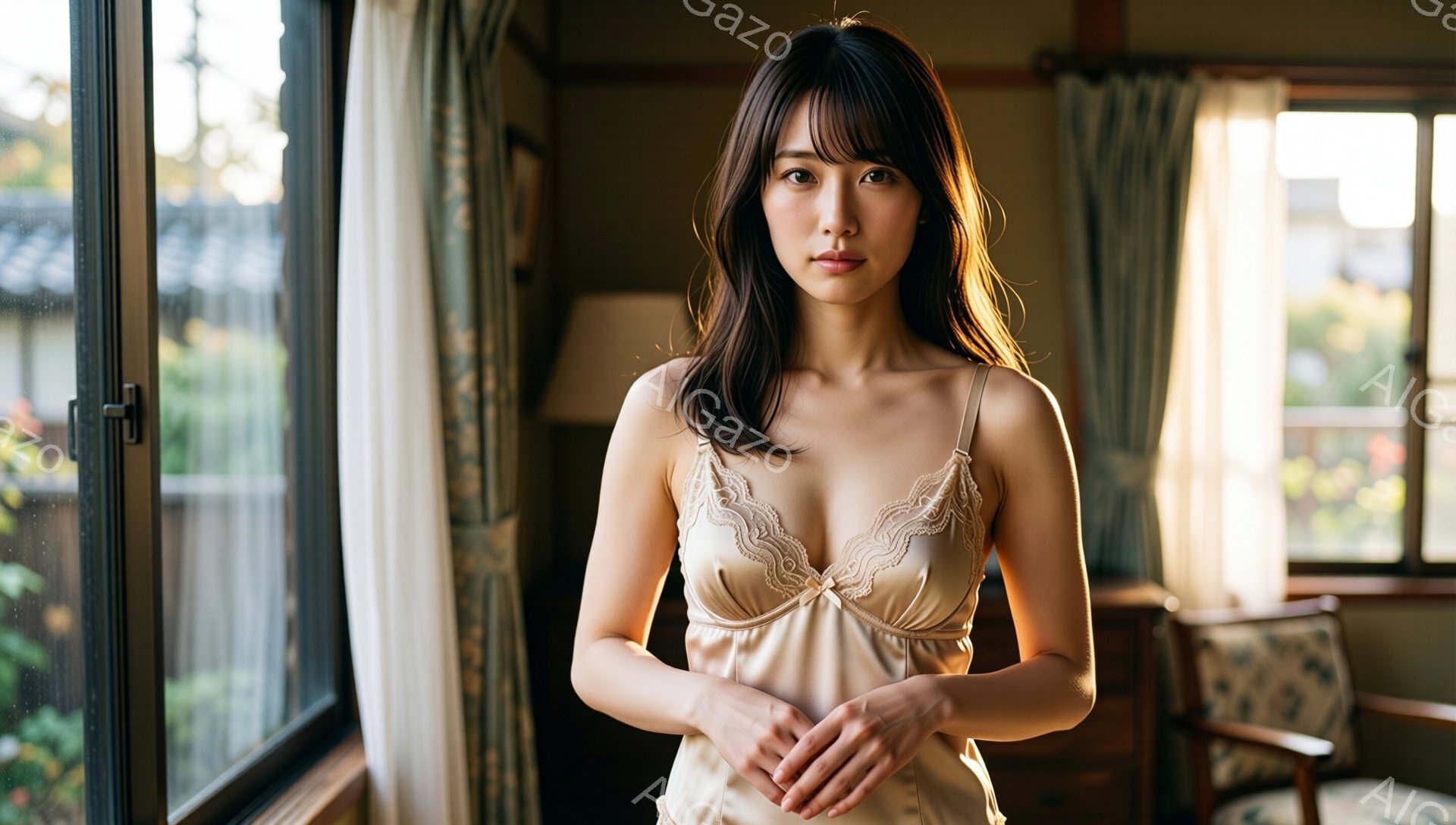 長い黒髪の女性が、レースのトリミングが施された淡いベージュのキャミソールを着て、静かに立っています。彼女は両手を重ねて抱え、落ち着いた表情で正面を見つめています。背景には窓があり、薄暗い部屋と、ぼやけ - AI生成フリー素材