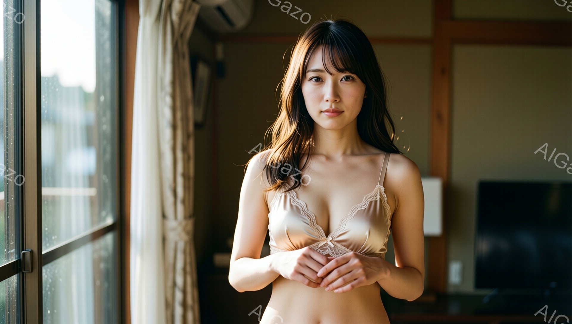 長い黒髪で、前髪が眉毛にかかるようにカットされた女性が、ベージュ色のキャミソールを着て立っています。彼女は両手でキャミソールのストラップを軽く握り、穏やかな表情でカメラを見つめています。背景は木造の部屋の一部で、窓から光が差し込み、外の緑が見えます。