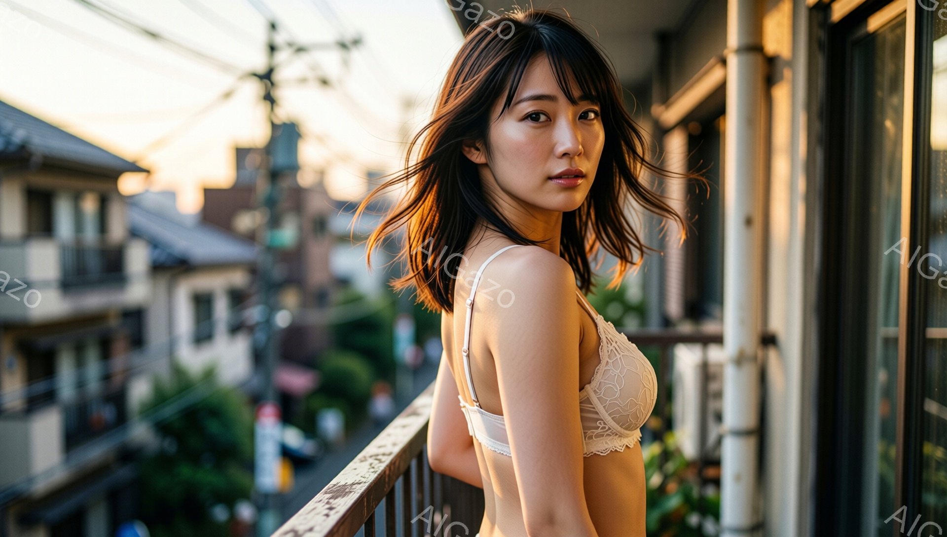 長いダークブラウンの髪を無造作に肩にかける女性が、ベランダの手すりに寄りかかっている。白いレースのブラレットと短パン姿で、少し憂いを帯びた表情で正面を見つめている。背景には密集した木造家屋と、夕焼けに - AI生成フリー素材