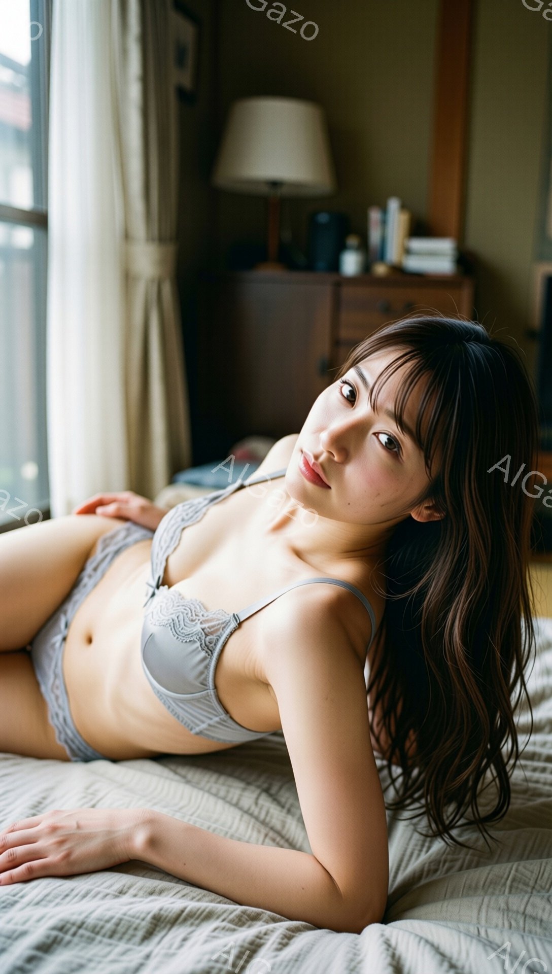 長い茶色の髪を広げ、レースのキャミソールとショーツを身に着けた若い女性がベッドに横たわっています。彼女はカメラ目線で少し微笑んでおり、リラックスした表情をしています。背景には、窓、家具、そして穏やかな - AI生成フリー素材