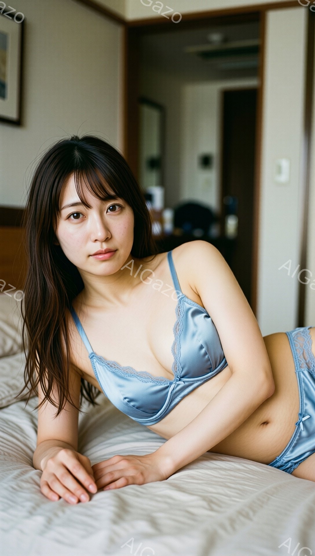 長い黒髪を無造作に垂らした女性が、淡い水色のサテン生地のランジェリー姿でベッドに横たわっている。穏やかな表情でカメラを見つめ、片手を下にしてリラックスした姿勢を見せている。背景はホテルの一室のような内装で、落ち着いた雰囲気の中に女性の美しさが際立っている。