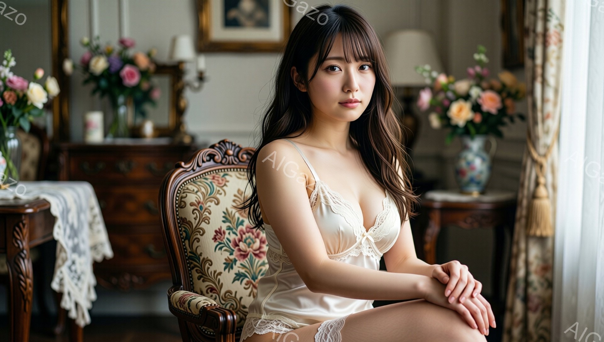 長いダークブラウンの髪を持つ女性が、花の模様が美しいクリーム色の椅子に座っています。彼女はキャミソールのような淡いベージュのランジェリーを着ており、両膝を揃えて優雅に座り、控えめな微笑みを浮かべています。背景には、花が飾られたテーブルやアンティーク調の家具が見え、暖かく上品な雰囲気です。