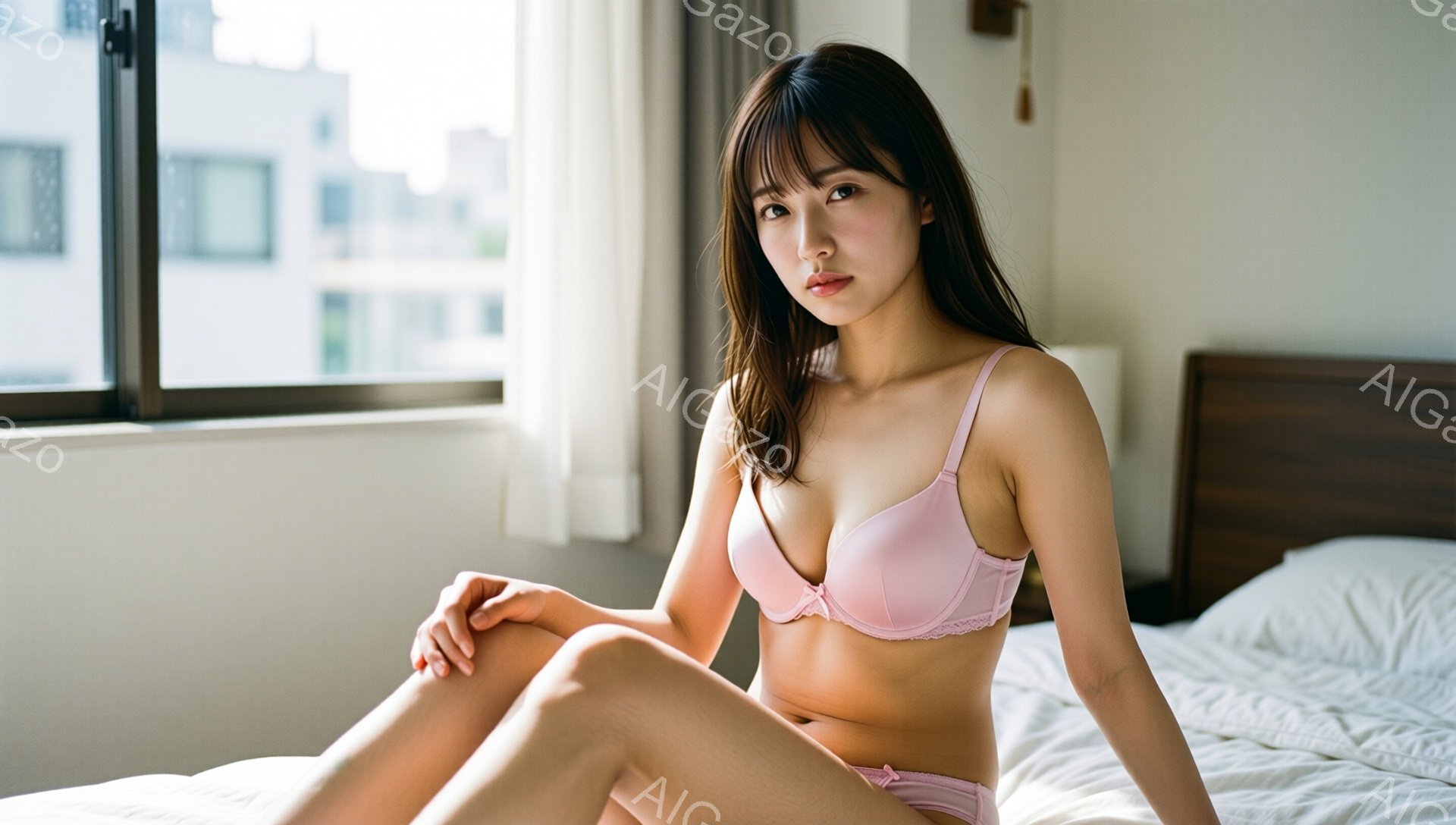 長いダークブラウンの髪を肩にかけ、前髪は眉毛にかかるように流している女性が描かれています。ピンク色のブラジャーとショーツ姿で、ベッドに座って膝を抱え、こちらを見て微笑んでいます。背景には窓があり、外に - AI生成フリー素材