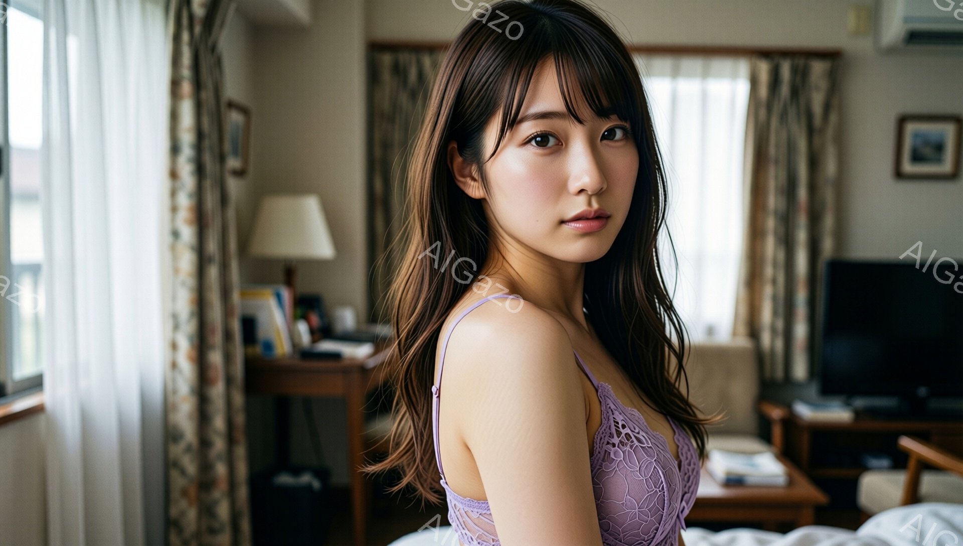 長い茶色の髪をした若い女性が、薄紫色のレースのキャミソールを着て正面を見つめています。彼女はわずかに微笑んでおり、リラックスした雰囲気です。背景には、カーテン、テーブル、テレビのあるリビングルームが見え、室内は柔らかい光で照らされています。