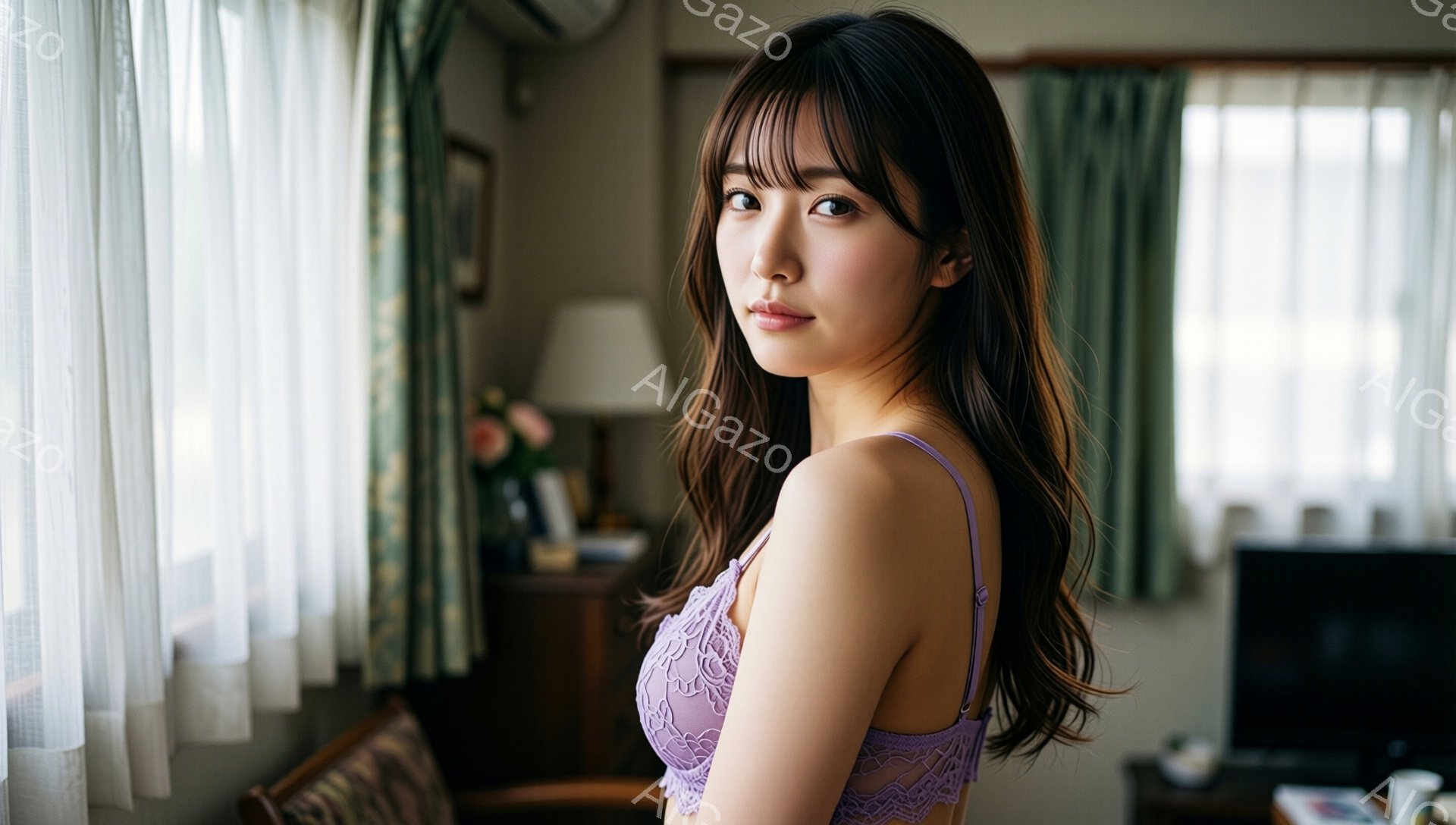 長い黒髪で、前髪は眉毛にかかるようにカットされている女性が写っている。彼女はラベンダー色のレースのブラレットを着ており、少し微笑んでいる。窓から差し込む光が彼女を照らし、背後には緑色のカーテンと家具が見える、リビングルームのような空間でリラックスした雰囲気が漂っている。