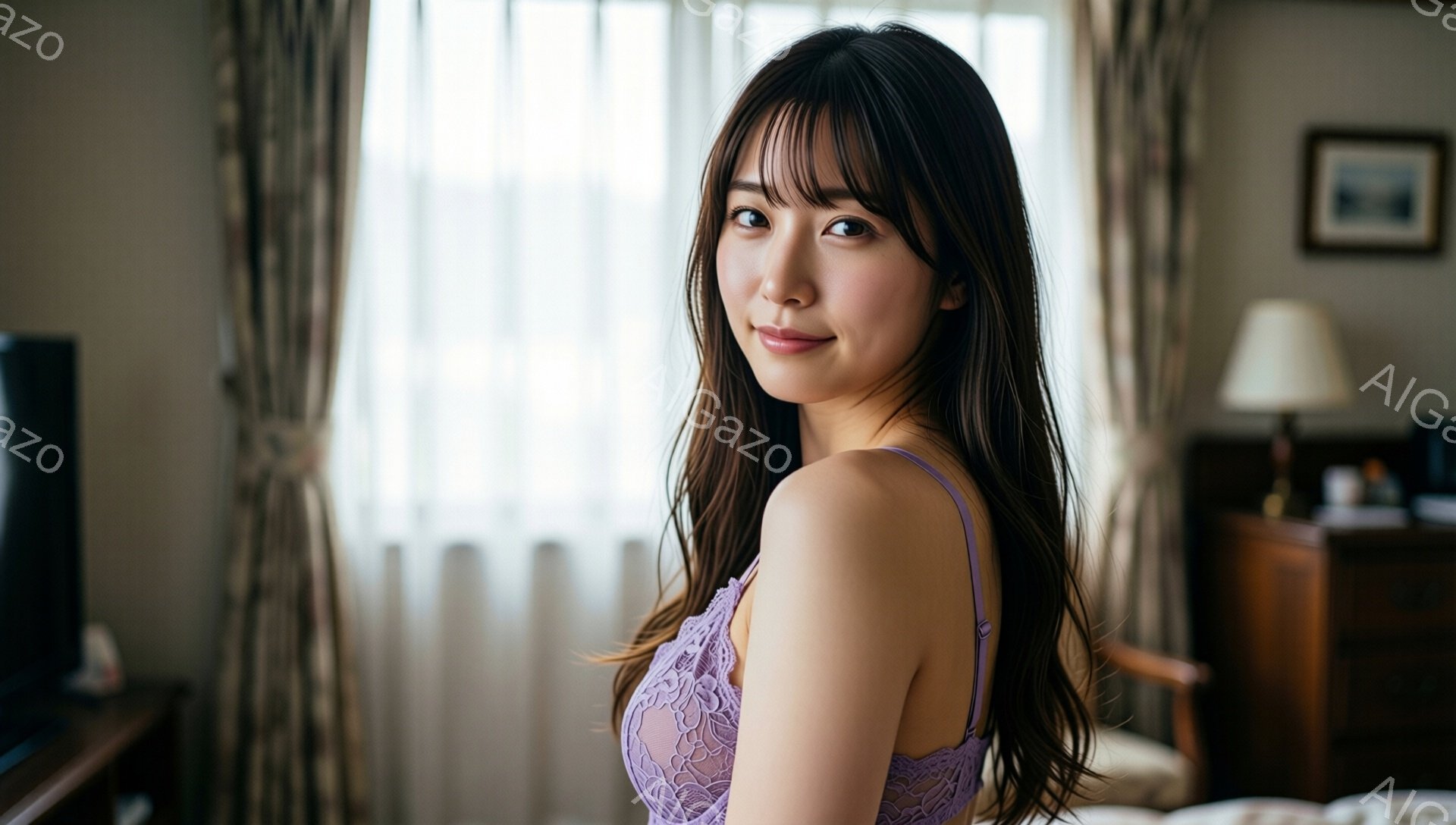 長い黒髪で、前髪は眉毛にかかる程度にカットされた女性が、ラベンダー色のレースのキャミソールを着ています。彼女はカメラに向かって少し微笑み、リラックスした姿勢で立っています。背景には、ベージュのカーテンと木製の家具が見え、部屋全体が柔らかい光で照らされています。