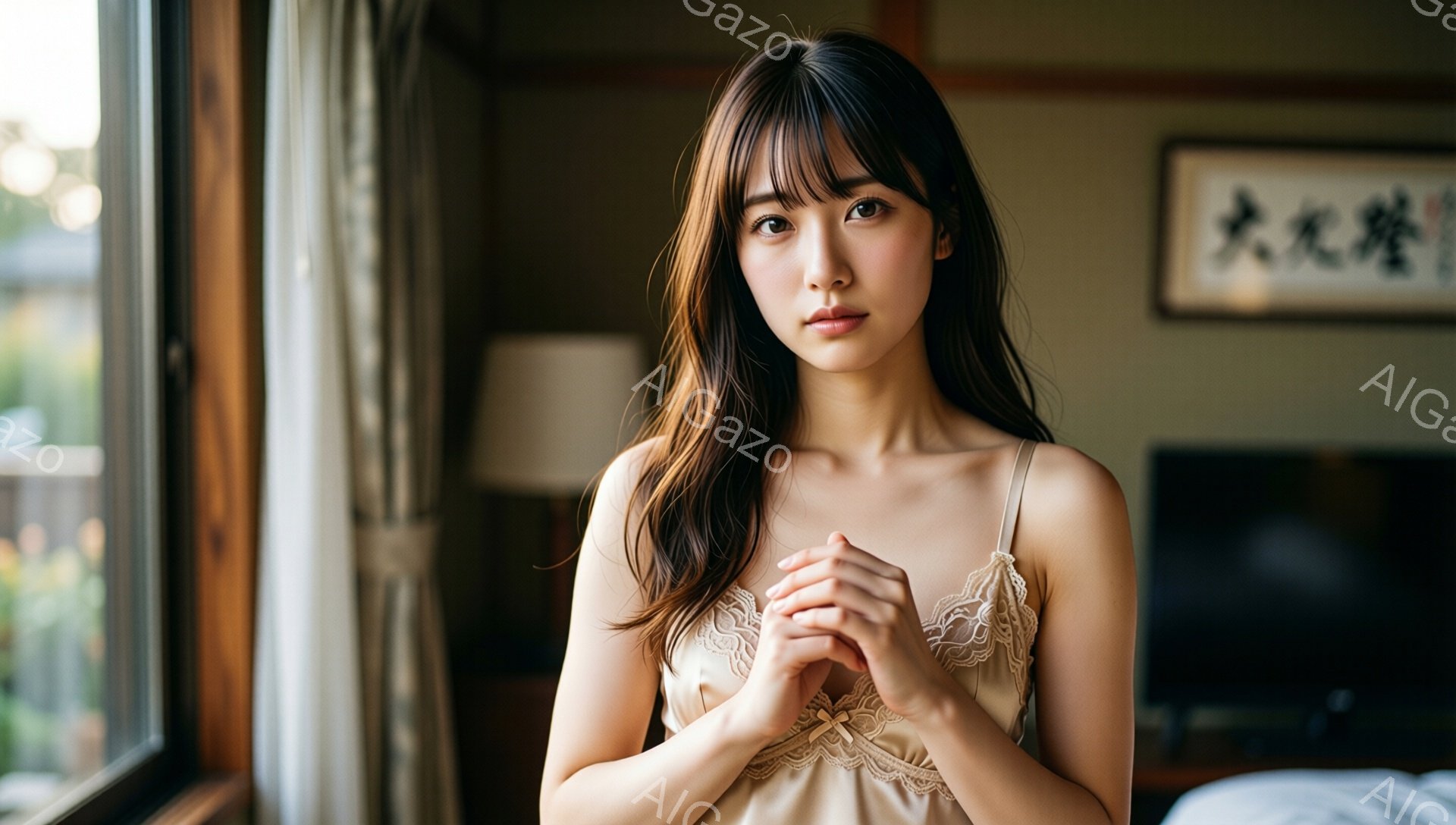 長い茶色の髪を無造作にまとめ、前髪は少し眉毛にかかる程度に流している女性が描かれている。ベージュ色のキャミソールを着ており、両手を重ねて祈るように組んでいる。背景には窓からの自然光が差し込み、ぼやけたベッドと掛け軸が見え、落ち着いた温かい雰囲気を醸し出している。