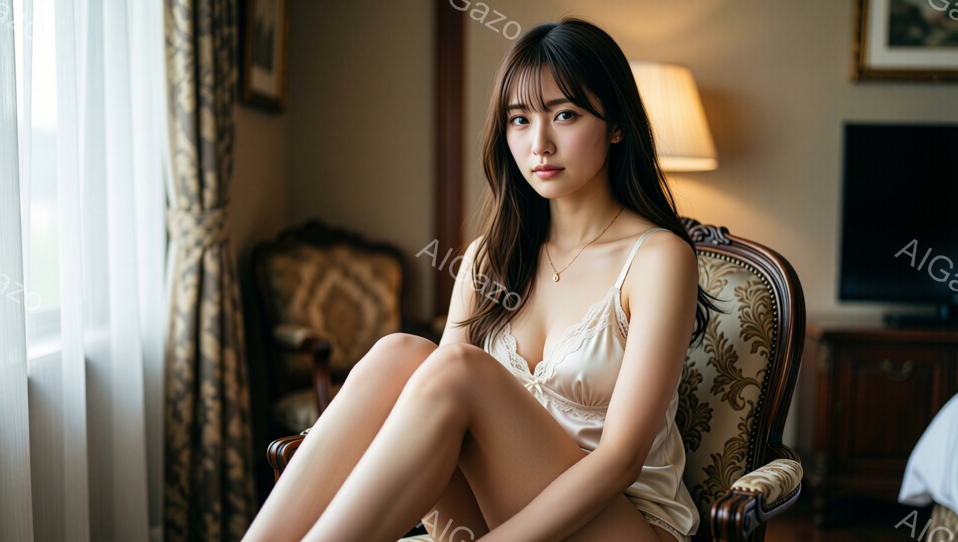 長い黒髪で、前髪が目にかかる女性が、クリーム色のキャミソールと短いパンツを身に着けて椅子に座っています。彼女は足を組み、少し憂いを帯びた表情で正面を見ています。背景には、豪華な椅子、テレビ、そして暖色系の内装が見え、全体的に落ち着いた雰囲気です。
