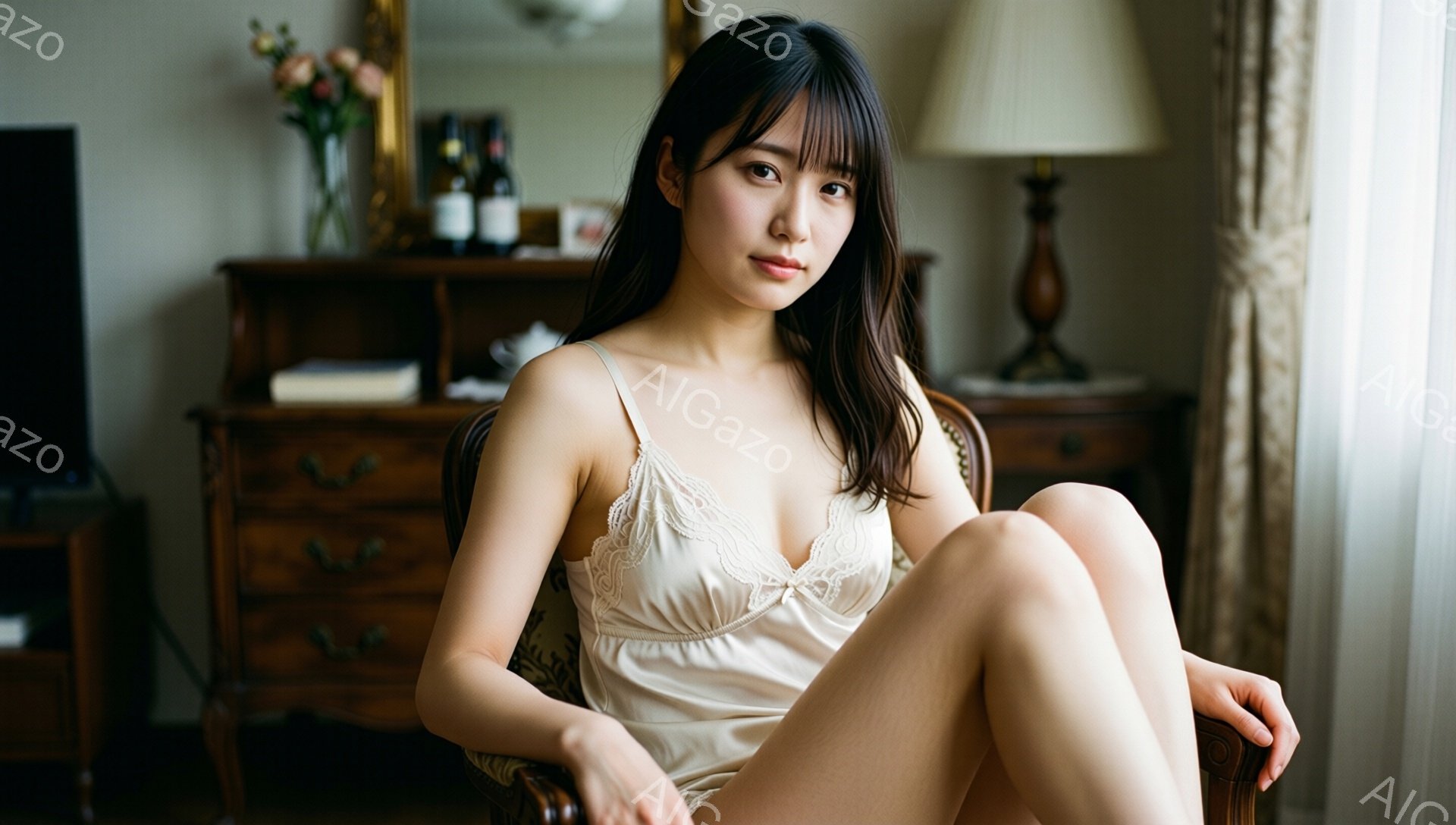 画像は、明るい室内で椅子に座る若い女性を捉えています。彼女はクリーム色の繊細なレースのキャミソールを着ており、長い黒髪は自然に肩にかかっています。やや憂いを帯びた表情で、カメラを見つめており、全体的に - AI生成フリー素材