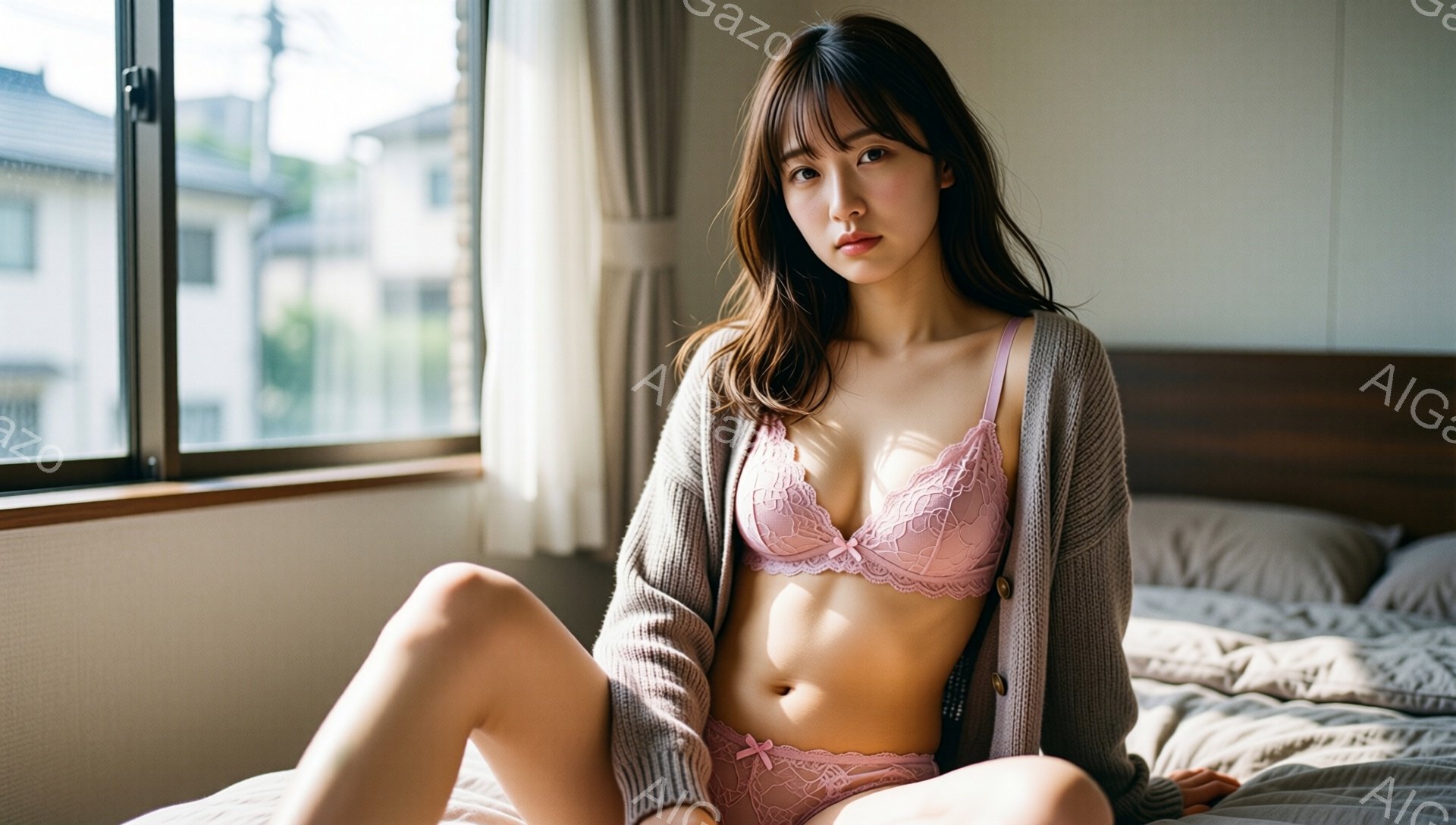 長いダークブラウンの髪は肩にかかり、軽くウェーブがかかっている女性が描かれています。彼女は薄いピンク色のレースのブラとショーツに、グレーのカーディガンを羽織り、ベッドに座って膝を曲げた状態でこちらを見 - AI生成フリー素材