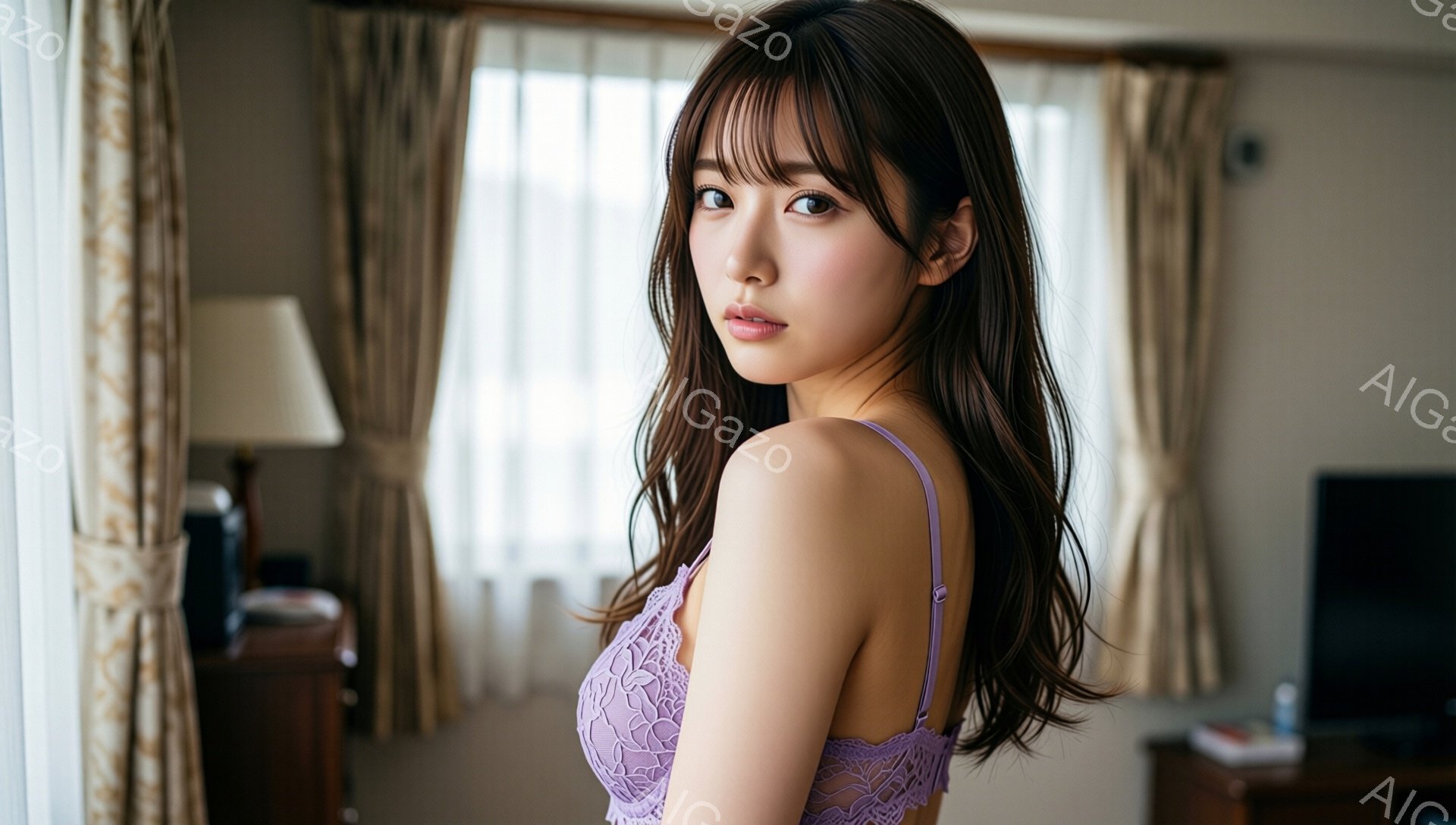 長い茶色の髪を持つ若い女性が、窓の光の下で紫色のレースのブラレットを着ています。彼女は少し微笑んでおり、視線をカメラに向けています。背景には、ドレープのカーテン、サイドテーブル、そしてぼんやりと見える - AI生成フリー素材