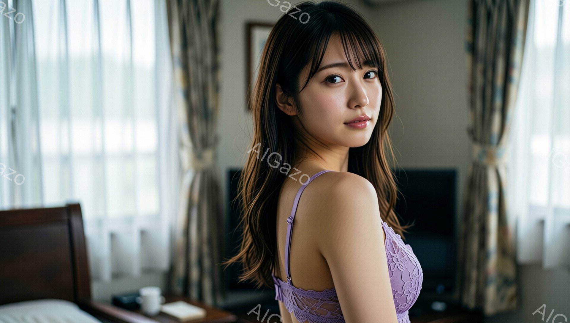 長い茶色の髪に前髪が流れた若い女性が、紫色のレースのブラレットを着てこちらを見ています。彼女は少し微笑んでおり、リラックスした雰囲気です。背景には、カーテンとベッド、そしてわずかに見える家具があり、室 - AI生成フリー素材