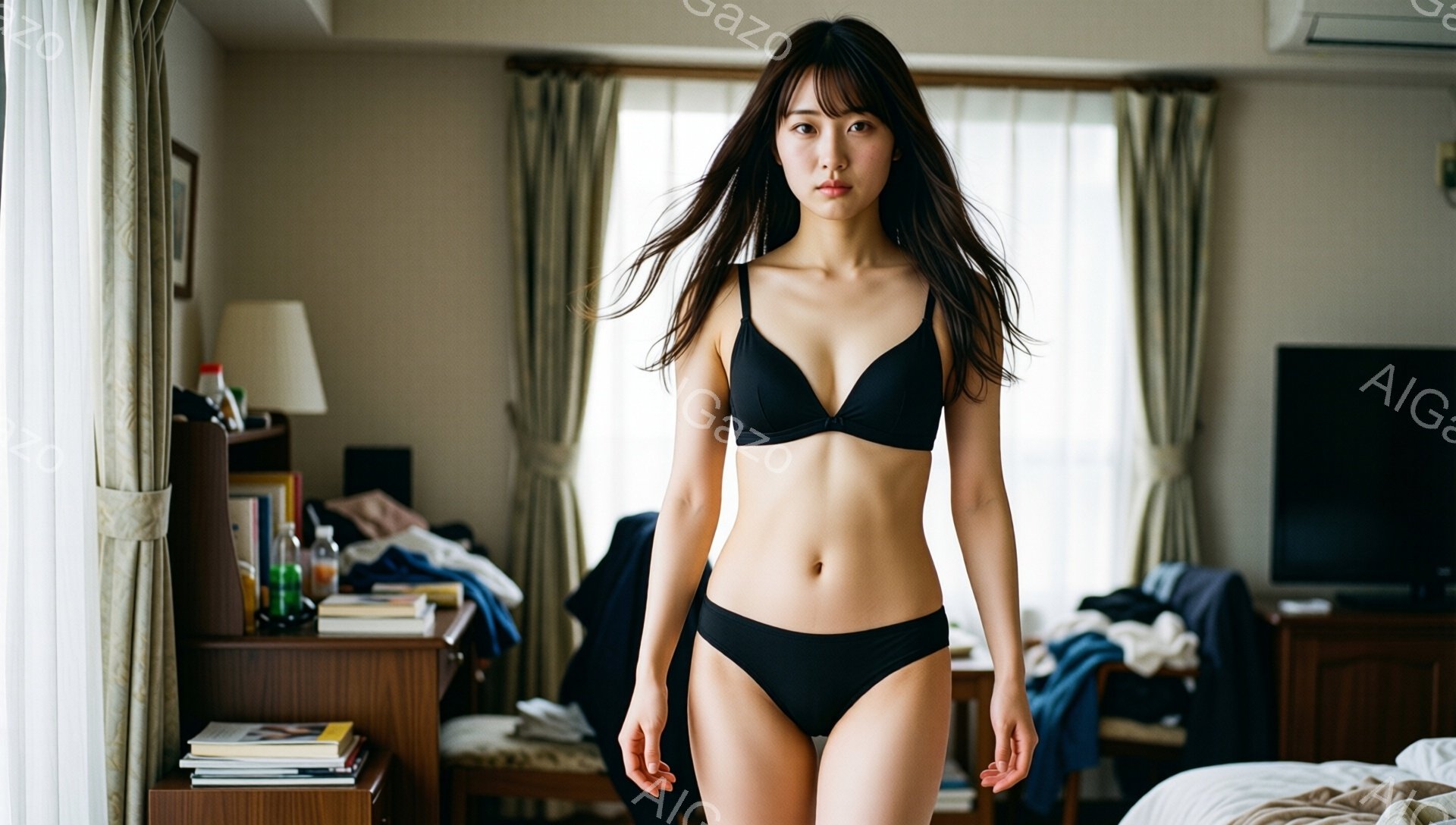 長い黒髪を無造作に垂らした女性が、黒いブラとショーツ姿で立っている。彼女はまっすぐ前を見据え、やや憂いを帯びた表情をしている。背景は散らかった寝室で、ベッドやドレッサーが写り込み、生活感のある雰囲気が漂っている。