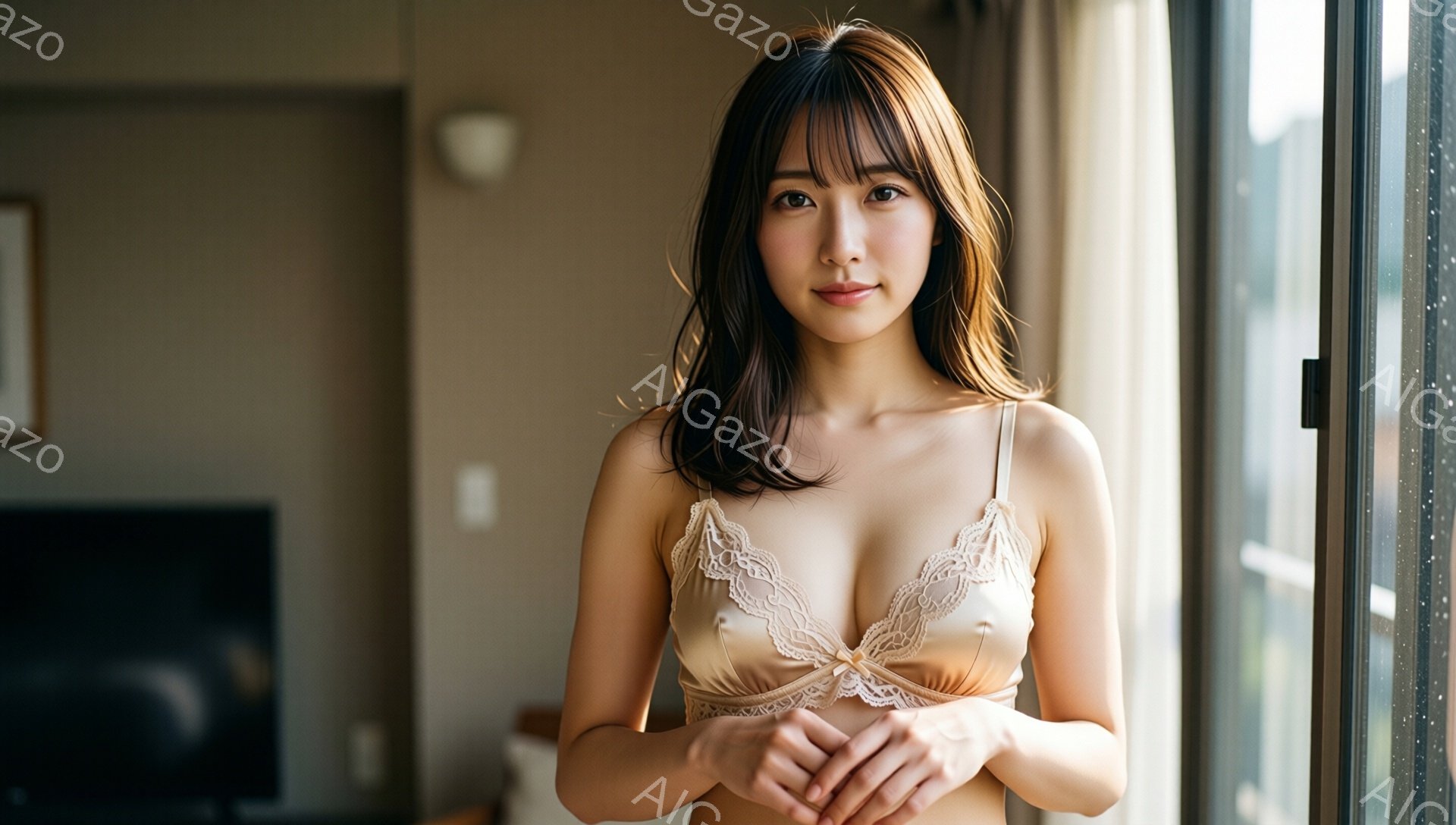 長い茶色の髪を下ろした若い女性が、クリーム色のレースのキャミソールを着て立っています。彼女は両手を重ねて少し微笑んでおり、背景には窓から差し込む自然光とぼやけた室内が見えます。全体的に、穏やかで親密な - AI生成フリー素材