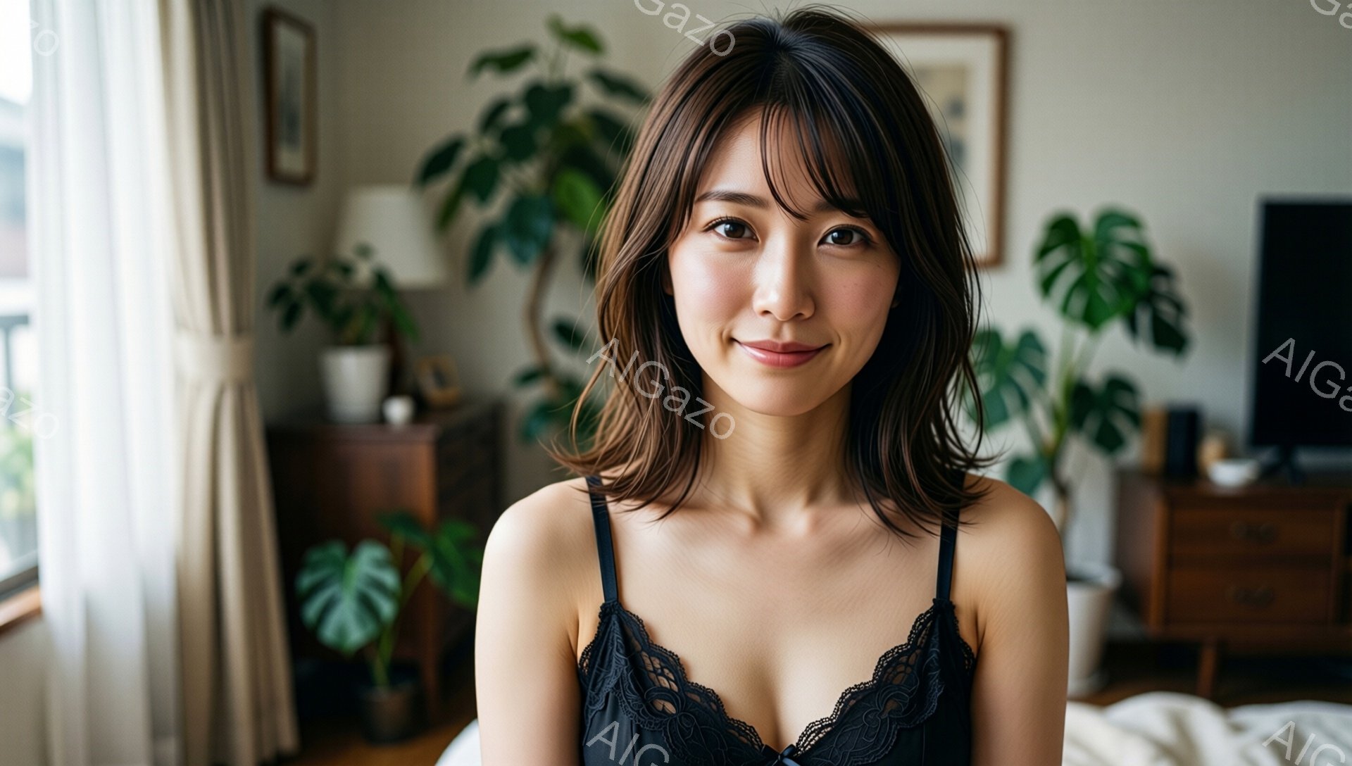 茶髪のショートヘアで、わずかに微笑んでいる若い女性が写っている。黒いレースのキャミソールを着ており、背景には木製のチェストや観葉植物が見え、リビングルームのような室内であることがわかる。全体的に柔らかく、自然光が差し込む温かい雰囲気の写真だ。