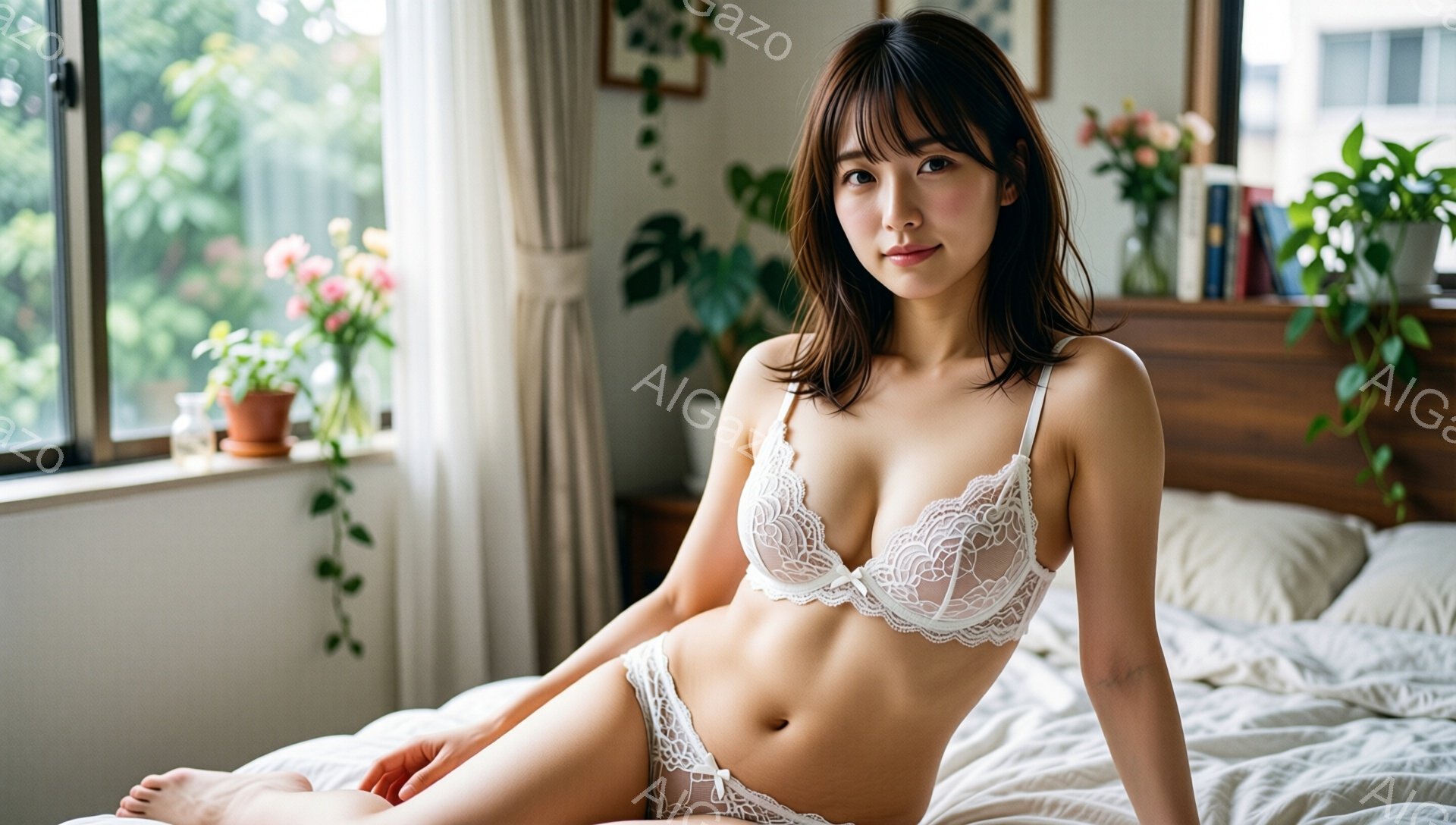 ベッドに横たわる女性は、白いレースのブラとショーツを身につけています。彼女は黒髪で、少し微笑んでいます。背景には木製のナイトスタンド、本、そして植物が見え、窓からは自然光が差し込み、穏やかな雰囲気を醸 - AI生成フリー素材