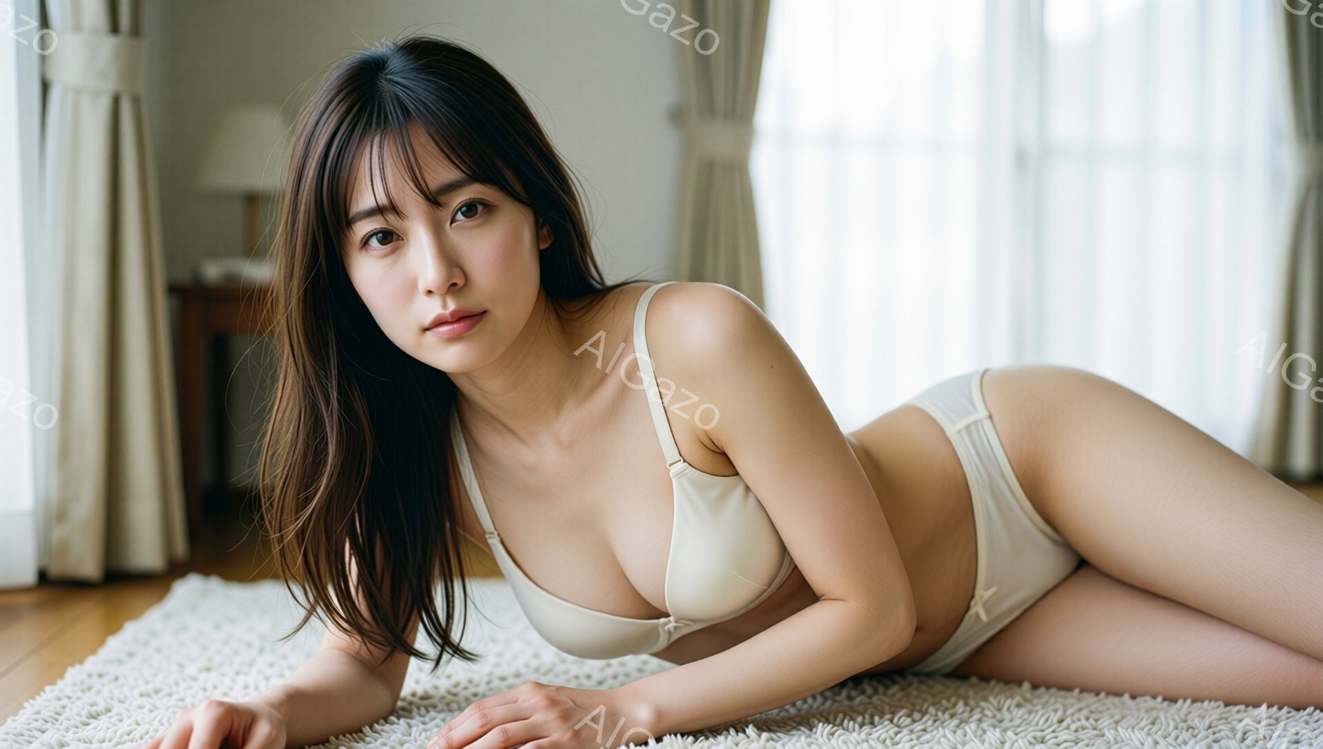 長い茶色の髪を広げ、ベージュ色のブラとショーツ姿の女性が、白い毛並みのラグの上でうつ伏せになっている。彼女はカメラを見つめ、少し微笑んでいるように見える、リラックスしたポーズをとっている。背景には木製の家具とカーテンが見え、室内は柔らかい光に包まれている。