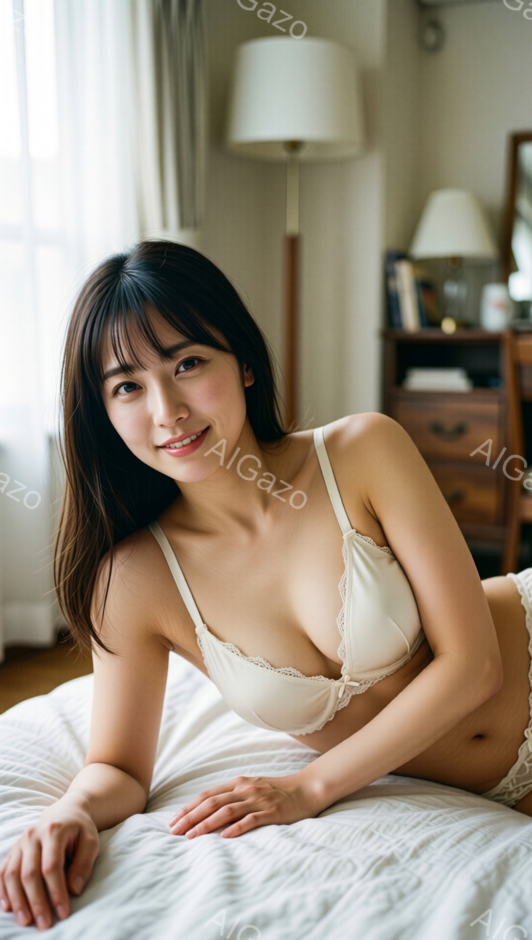 長い黒髪の女性が、クリーム色のレースのブラと下着をつけて白いベッドに横たわっています。彼女は微笑んでいて、リラックスした様子で腕を伸ばしています。背景には木製の家具と暖色のランプが見え、室内は落ち着いた雰囲気が漂っています。