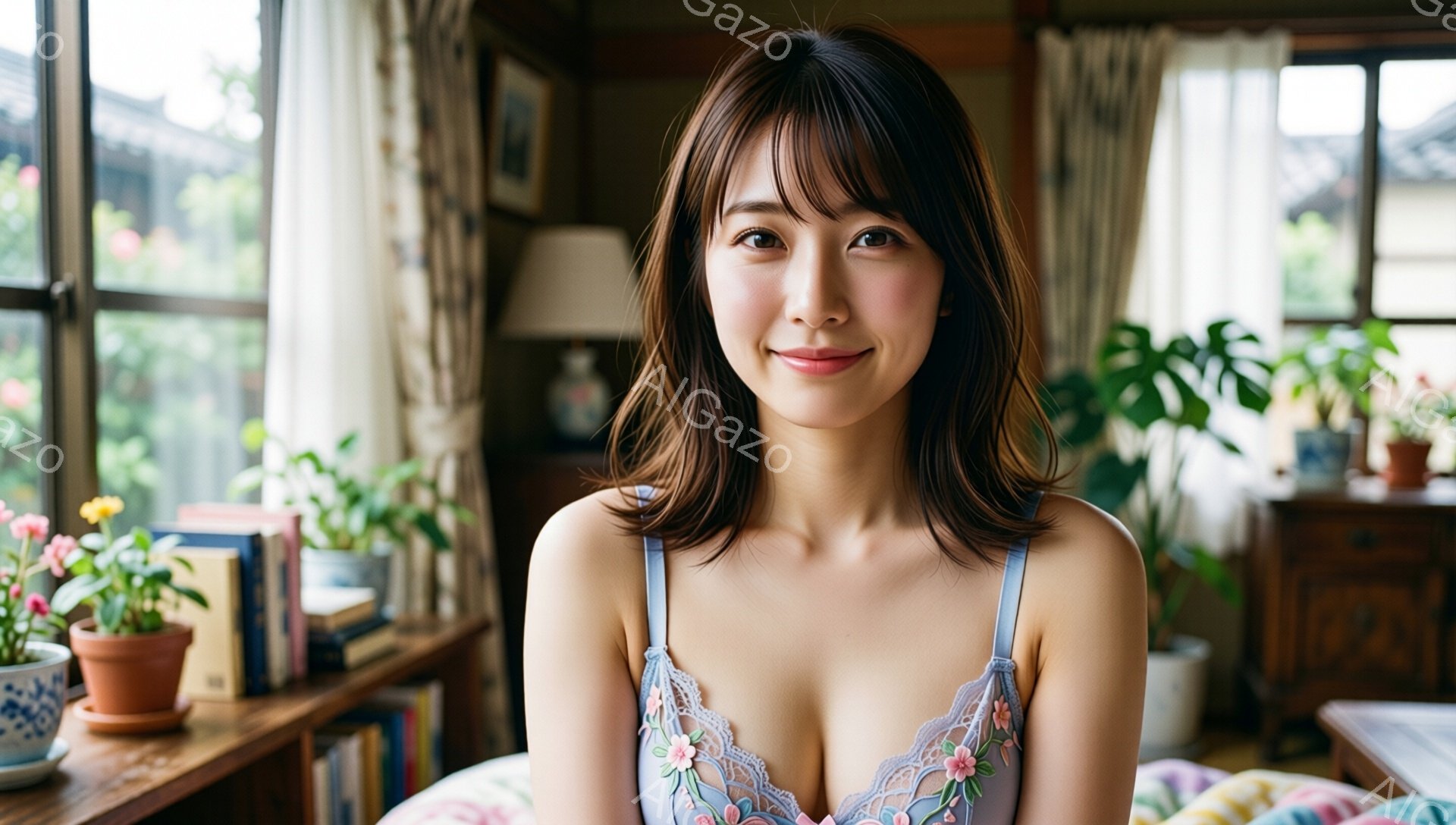 明るい室内で、茶髪の女性がベッドに座ってこちらを見ている。彼女は肩出しの淡い青色のレースのキャミソールを着ており、優雅な微笑みを浮かべている。背景には本棚、観葉植物、窓から見える建物があり、暖かくリラ - AI生成フリー素材