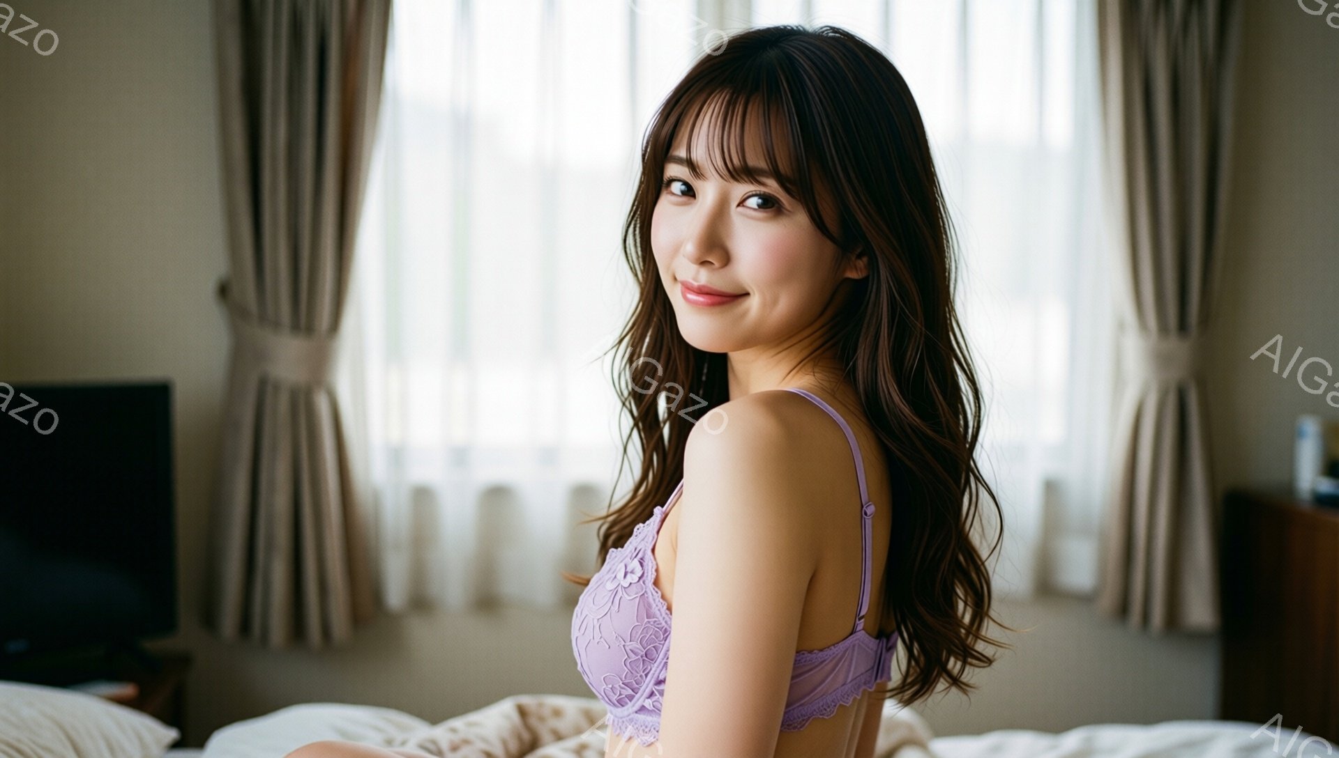 長いダークブラウンの髪を肩にかかるように流し、前髪は軽く眉毛にかかるようにカットされた女性が写っています。薄紫色のレースのブラレットを着ており、ベッドに横たわって微笑んでいます。背景にはカーテンがかかった窓と、ぼんやりと見える家具が見え、室内でリラックスした雰囲気が漂っています。