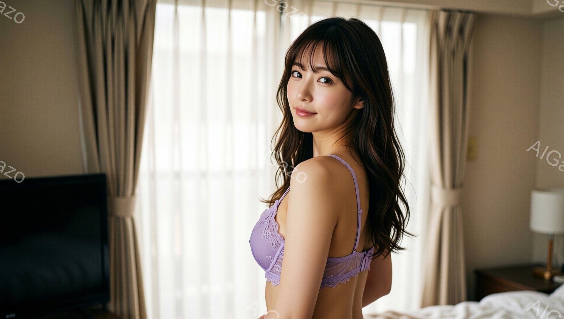 長い茶色の髪を持つ女性が、ラベンダー色のレースのブラレットを着て、わずかに振り返ってこちらを見ている。彼女は微笑んでおり、リラックスした雰囲気で、背景には白いカーテンと、ベッドサイドテーブルとランプがある客室がぼやけて見える。全体的に柔らかく、暖かい光が漂う、親密な雰囲気の写真である。