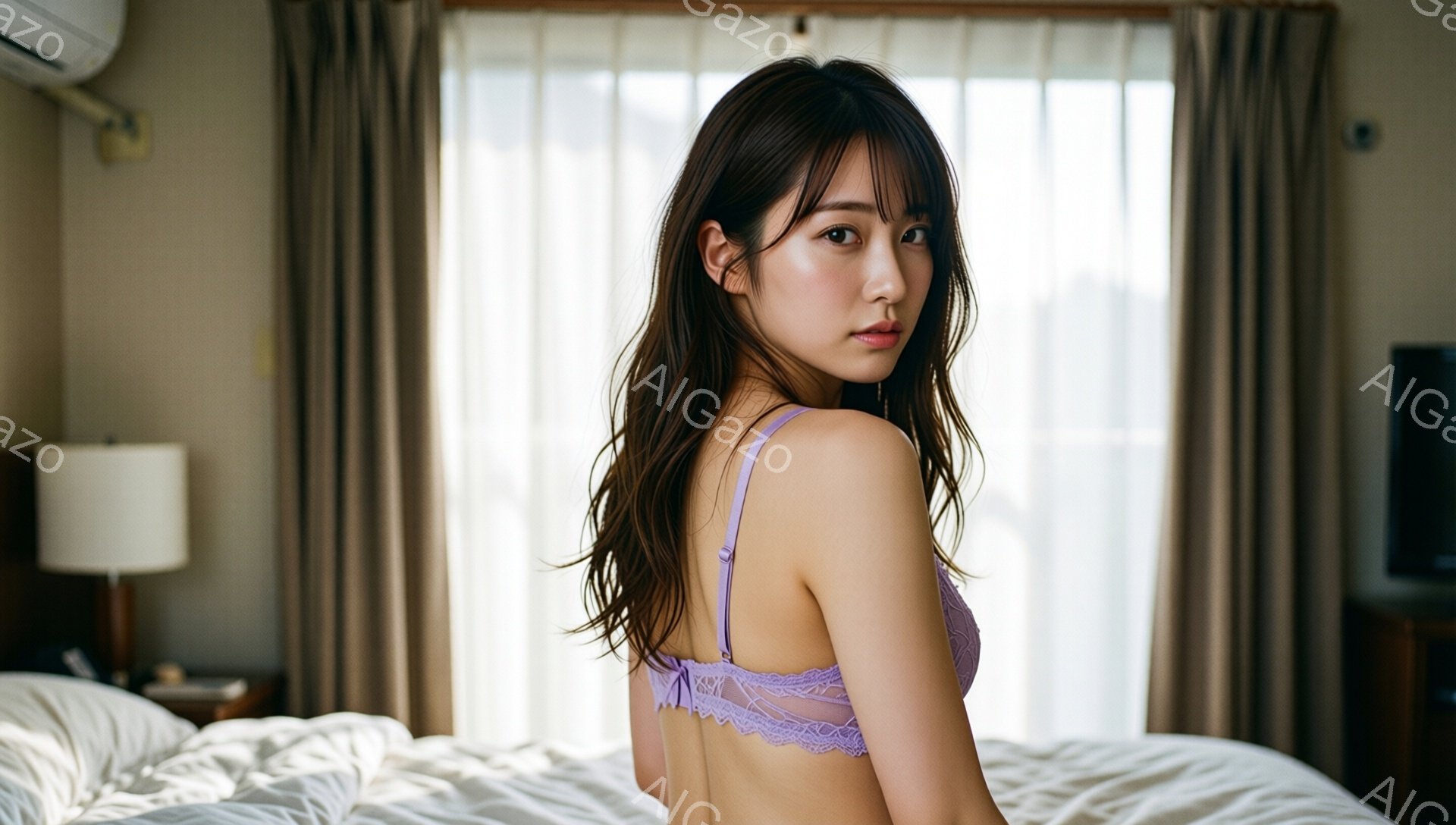 長い茶色の髪を下ろした女性が、薄紫色のレースのブラレットと短いショーツ姿でベッドに立っている。彼女は少し振り返り、憂いを帯びた表情でカメラを見つめている。背景には白いカーテンと、暖色系の家具が見え、室内は柔らかい光に包まれている。