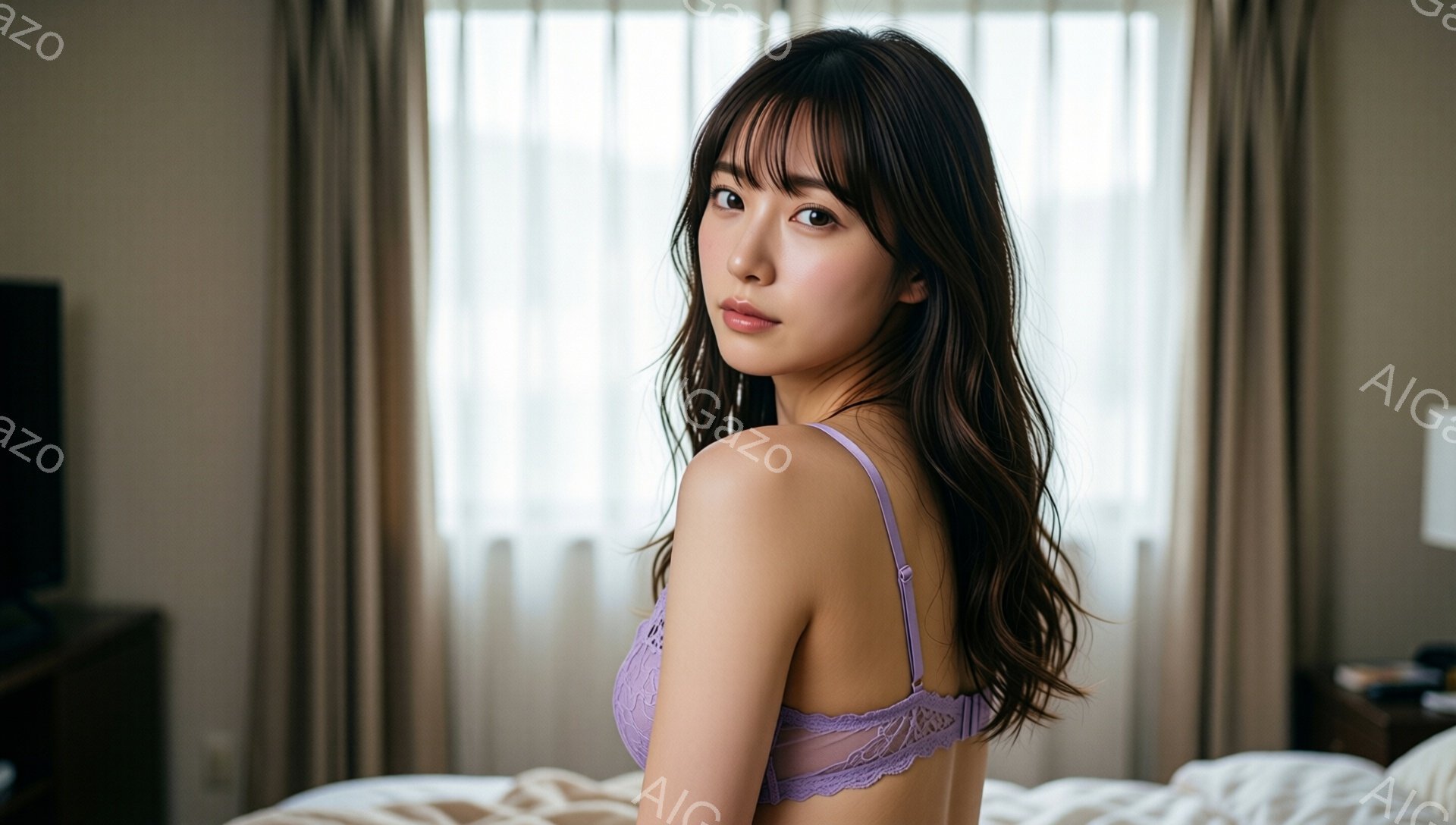 長いダークブラウンの髪をした女性が、薄紫色のレースのブラレットを着て、ベッドの上で後ろを向いています。彼女は少し微笑んでおり、顔には自然なメイクが施されています。背景は薄暗い部屋で、大きな窓から光が差 - AI生成フリー素材