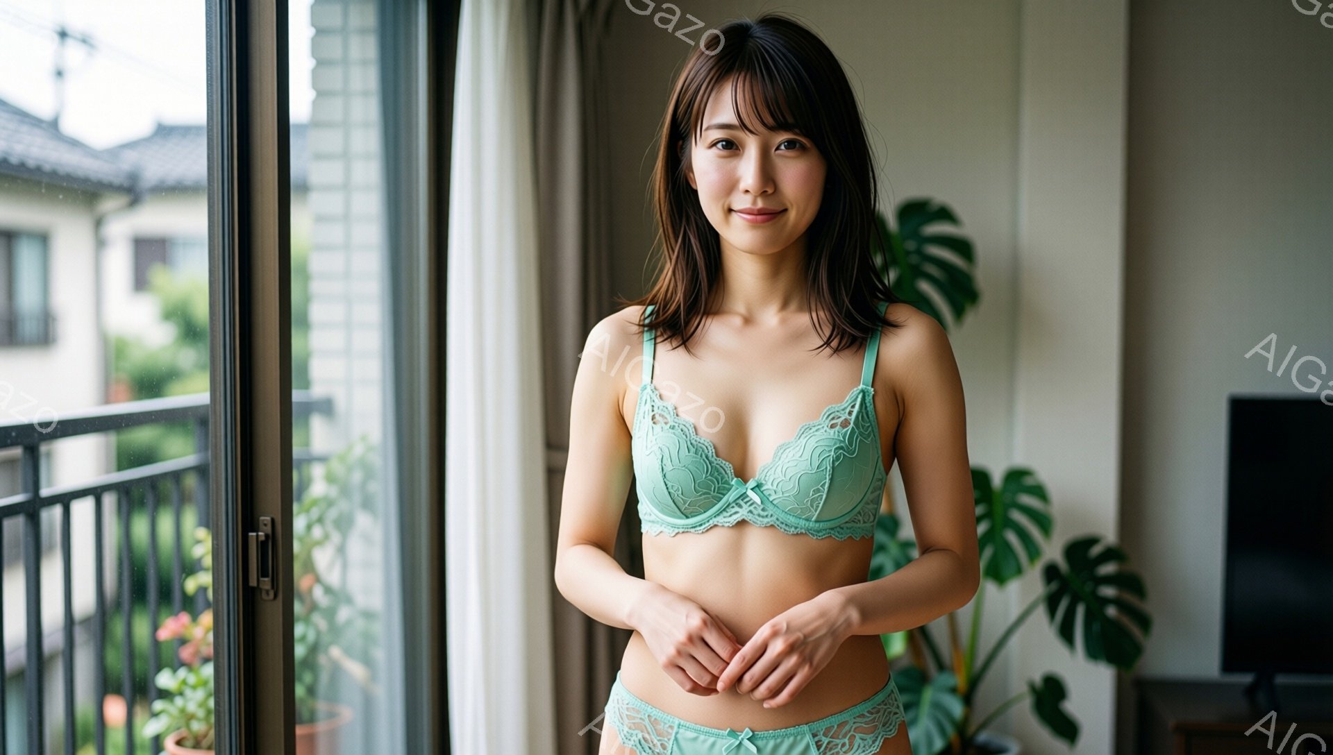 長いダークブラウンの髪を肩のあたりでカットした女性が、ターコイズブルーのレースのブラジャーとショーツのセットアップを着ています。彼女はわずかに微笑み、両手を前に組み合わせて立っており、背景には窓から見 - AI生成フリー素材