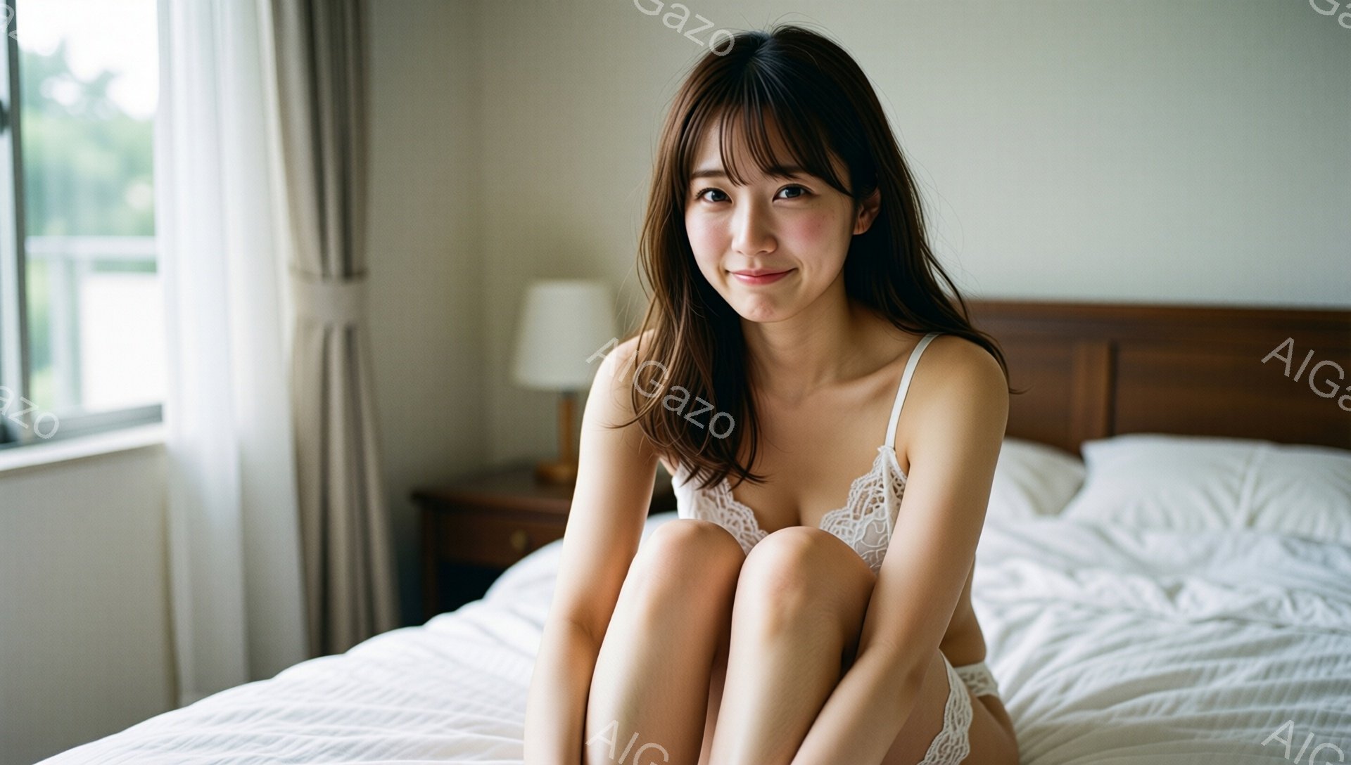 明るい部屋のベッドに座る若い女性が写っています。彼女はレースのブラレットとショーツを身につけ、長い茶髪を肩にかけ、微笑んでいます。背景には、クリーム色の壁と木製のナイトスタンドがあり、窓からは自然光が - AI生成フリー素材