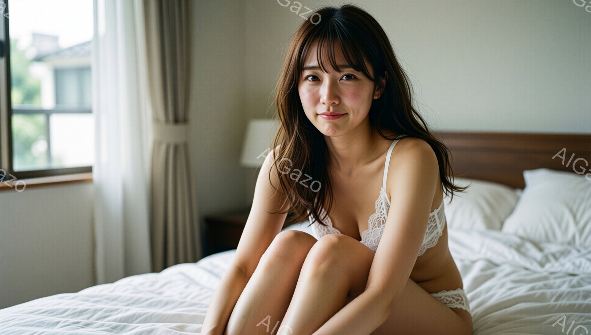 長い茶色の髪をした女性が、白いレースのブラと下着姿でベッドに座っています。彼女はわずかに微笑み、カメラに向かって穏やかな表情をしています。背景には、白いカーテンと木製のベッドフレームが見え、部屋全体が - AI生成フリー素材