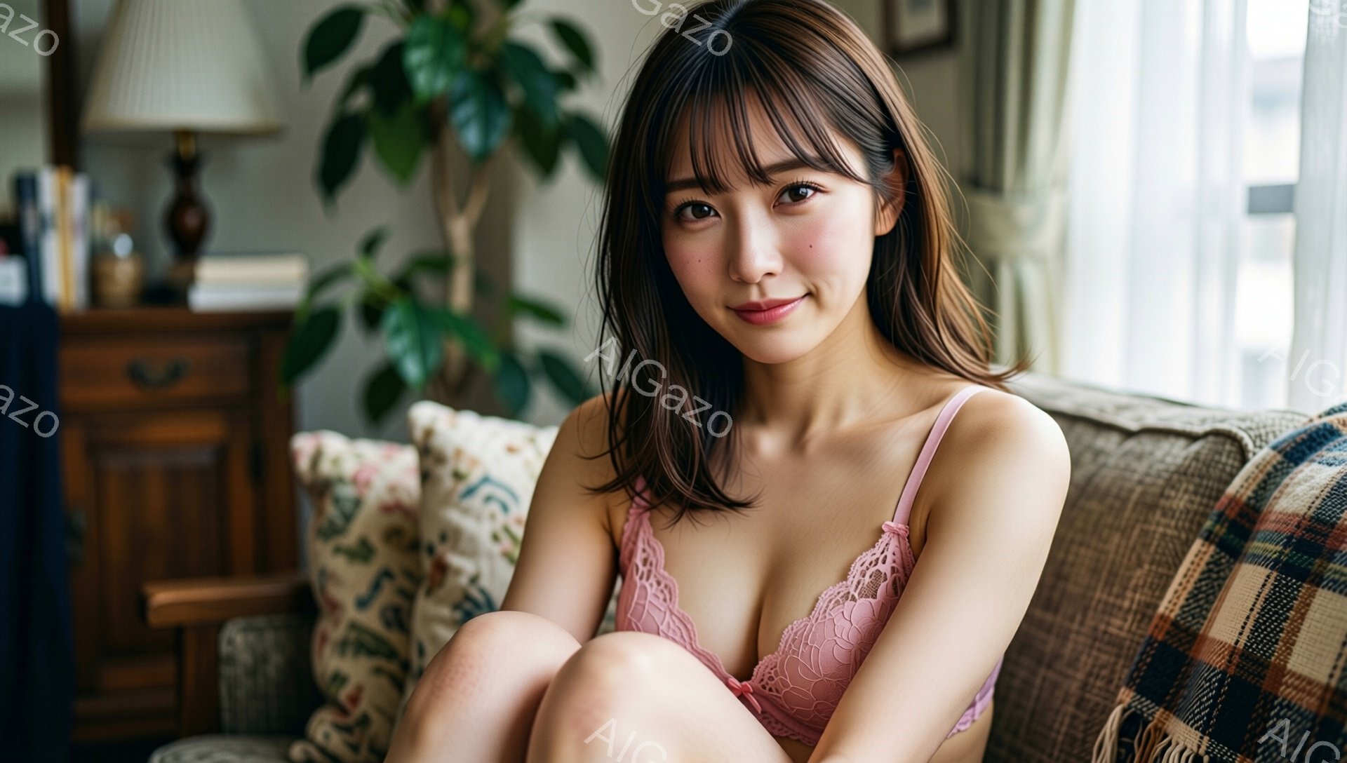 長い茶色の髪は肩にかかり、前髪が目の上にかかっています。ピンク色の繊細なレースのブラレットを着て、膝を曲げてソファに座っており、少し微笑んでいます。背景には木製のキャビネットや観葉植物が見え、室内は暖 - AI生成フリー素材