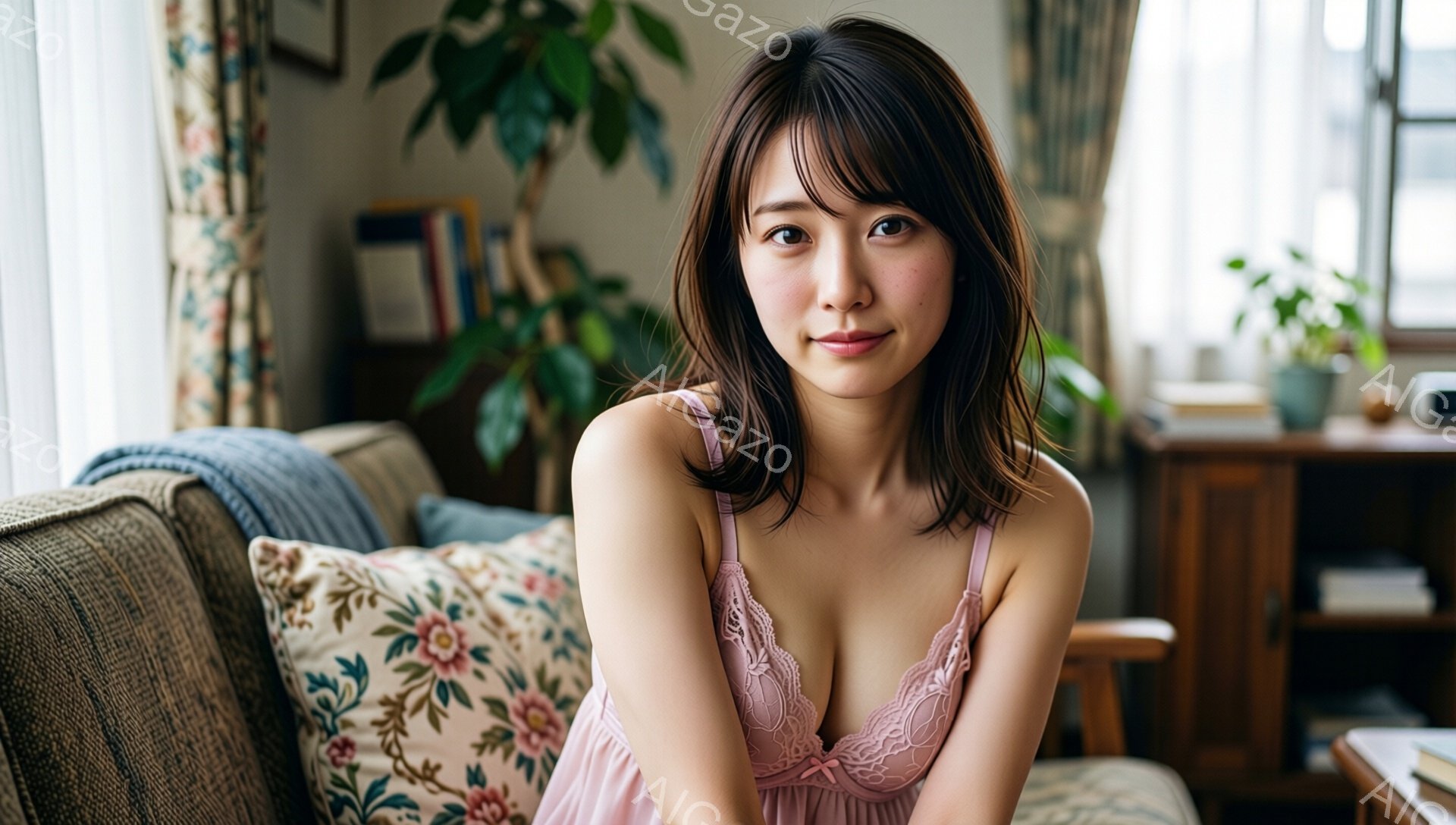 長い黒髪の女性が、薄ピンクの繊細なレースのキャミソールを着てソファに座っています。彼女は少し微笑み、穏やかな表情でカメラを見つめています。背景には植物、木製のキャビネット、そして窓からの自然光が見え、リビングルームの温かい雰囲気を醸し出しています。