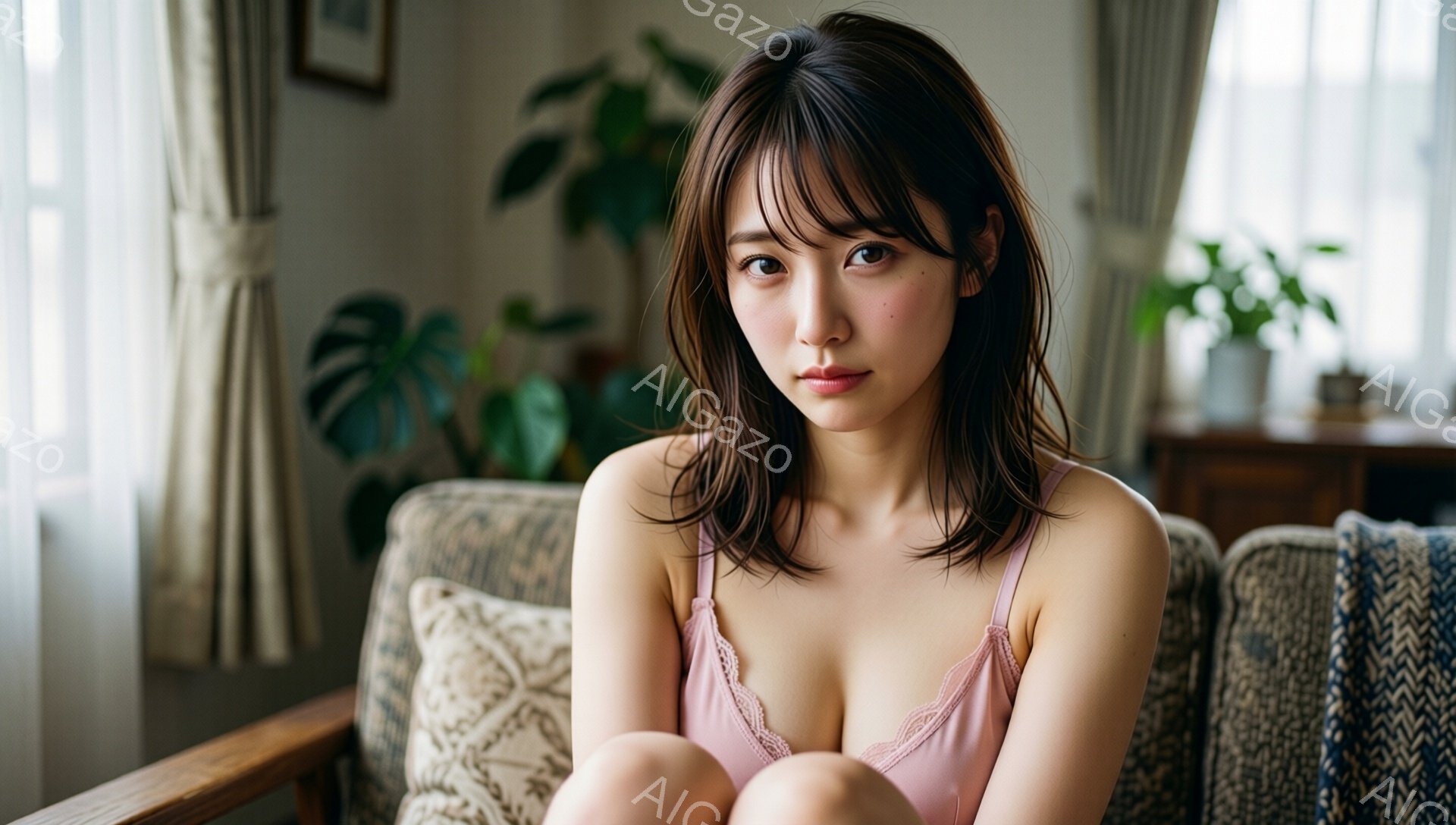 長い黒髪の女性が、ピンク色のキャミソールを着て、花柄のソファに座っています。彼女は少し物憂げな表情で、膝を抱えて座っており、背景には植物や家具が見えます。全体的に柔らかく、家庭的な雰囲気が漂っています。