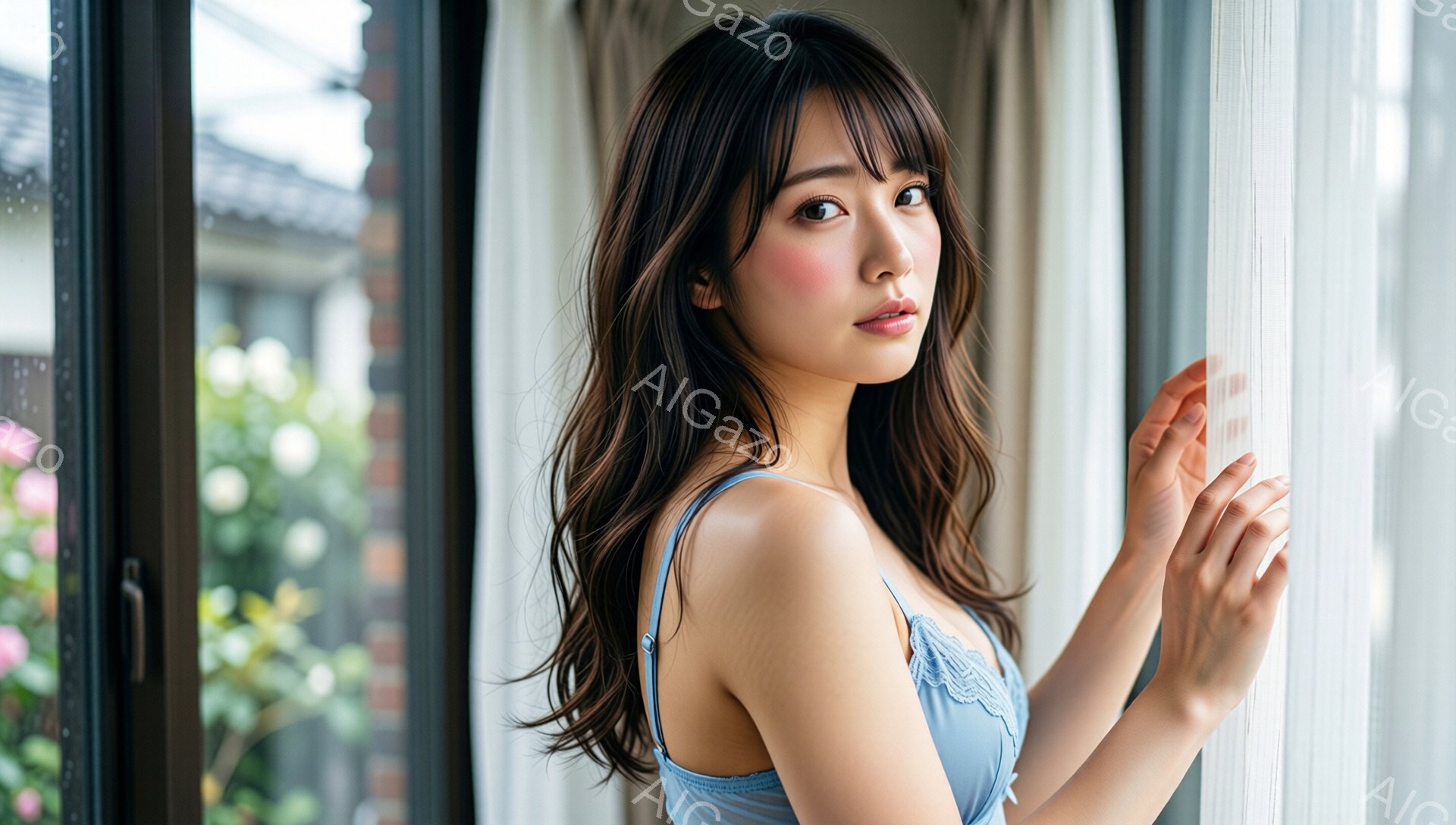長いダークブラウンの髪は柔らかいウェーブがかかり、前髪は眉毛にかかるようにカットされている女性が写っている。彼女は薄い水色のキャミソールを着ており、両手で窓枠に優しく触れている。窓の外には緑豊かな植物と、ぼんやりとした背景の建物が見え、全体的に穏やかで優しい雰囲気を醸し出している。