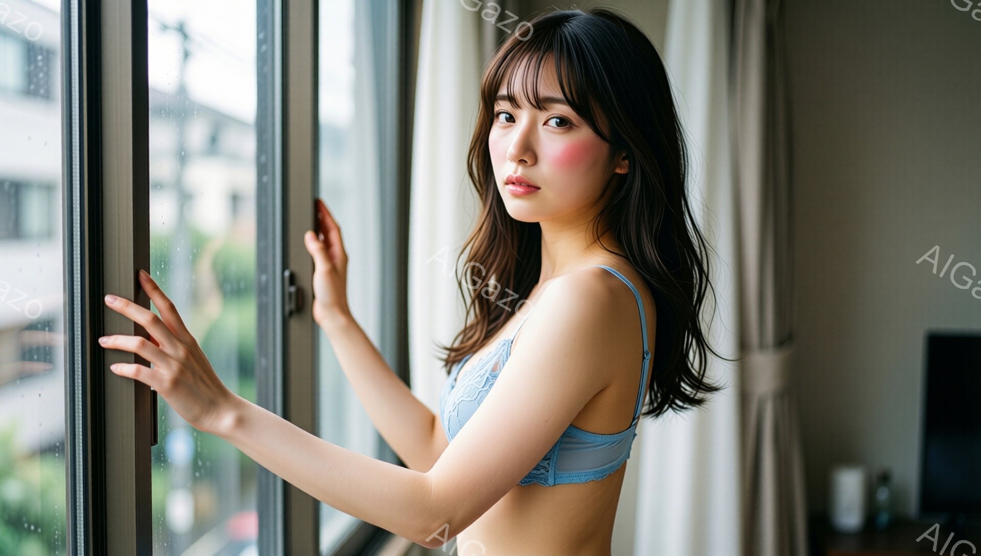 長いダークブラウンの髪で、前髪は眉毛にかかるようにカットされている女性が写っている。彼女は淡いブルーのレースのブラレットを着ており、片手を窓枠に、もう片手を髪に当てている。窓の外には緑豊かな木々が見え、室内はベージュのカーテンで覆われている。