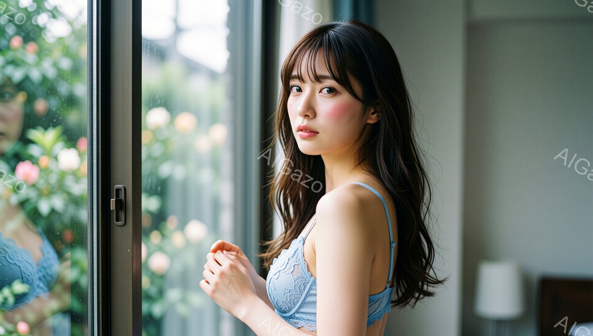 長い黒髪で、前髪は眉毛にかかるように流されています。青いレースのブラレットを着ており、片手を握り締めて少し内気な表情をしています。背景には緑豊かな植物が見え、窓からの自然光が彼女を照らしています。