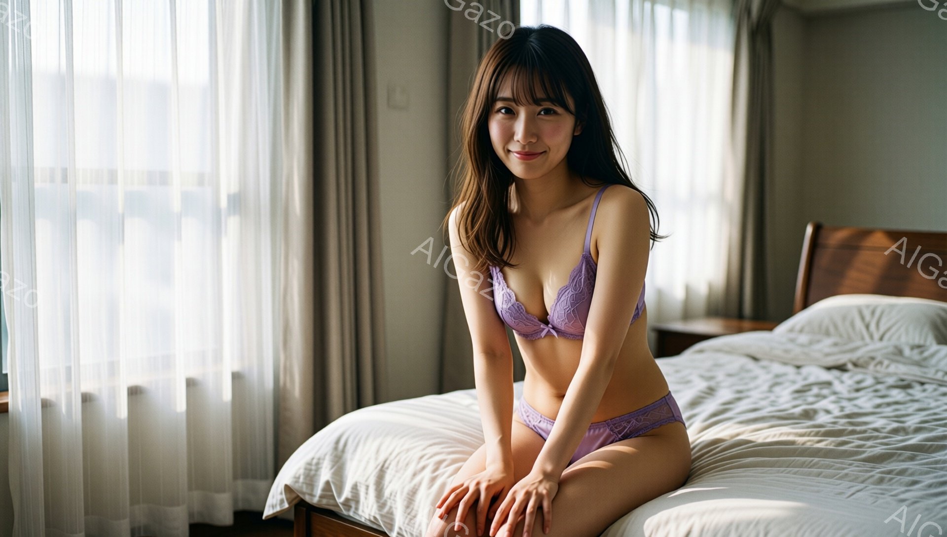 長い茶色の髪を持つ若い女性が、紫色のレースのブラジャーとショーツのセットを着用し、ベッドに座っています。彼女は笑顔で、少し上目遣いをしてカメラを見ています。背景には、白いカーテンと木製のベッドフレームが見え、暖かく穏やかな雰囲気が漂っています。