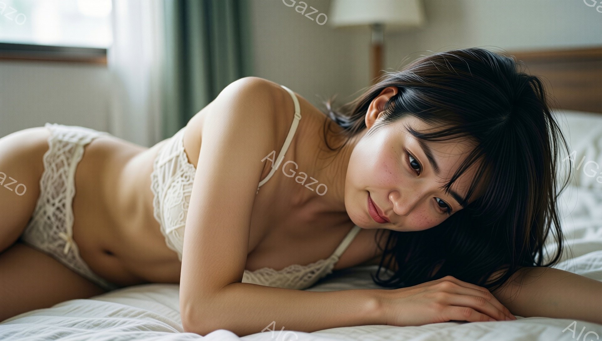 長い黒髪を広げ、白いレースのブラとパンティーを身につけた女性がベッドに横たわっています。彼女は顔をわずかに傾け、カメラ目線で微笑んでいます。背景はぼやけた寝室で、柔らかい光が差し込み、リラックスした、 - AI生成フリー素材