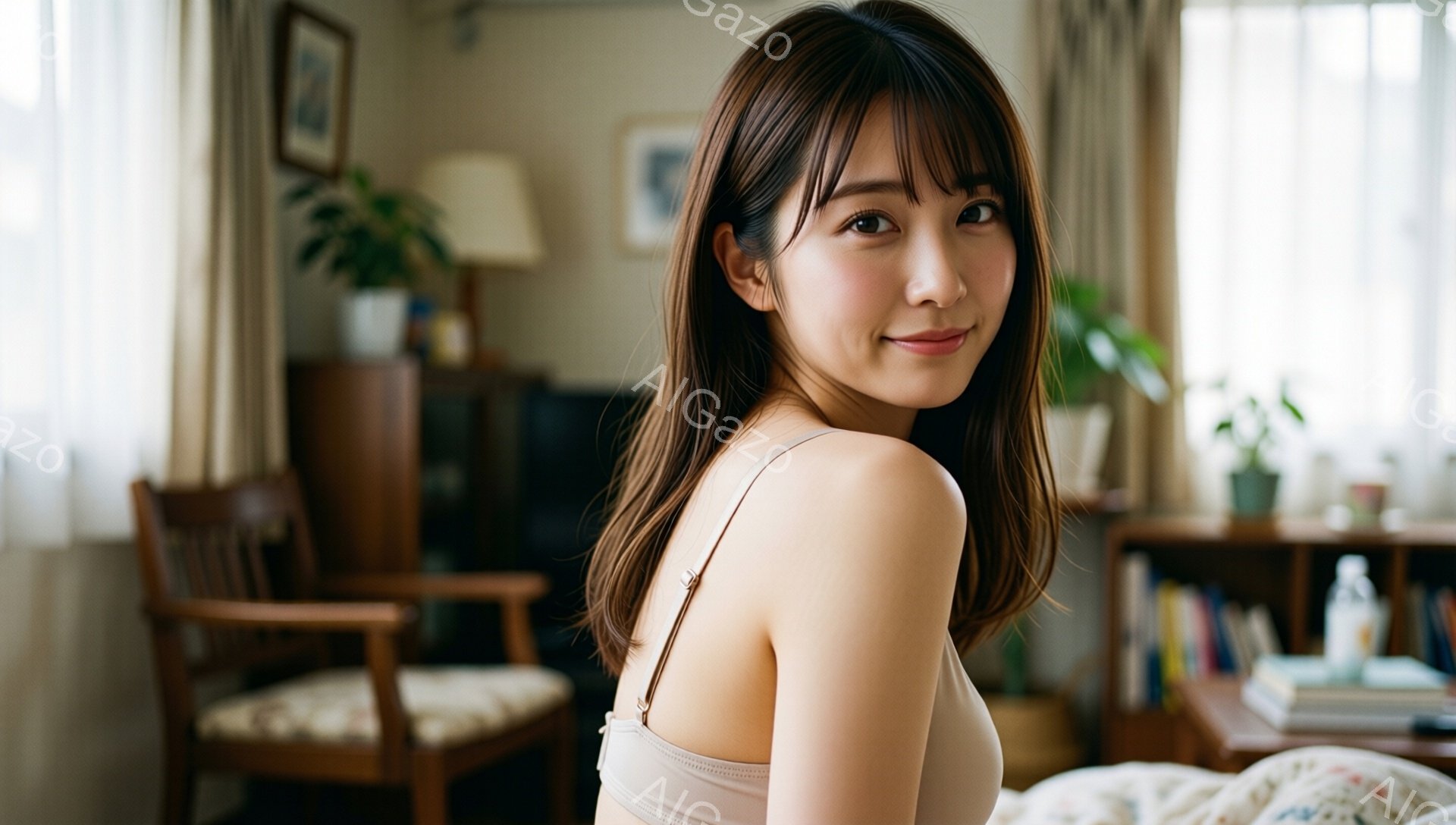 長い茶色の髪を肩にかける女性が微笑みながらこちらを見ている。彼女はベージュのキャミソールを着ており、リラックスした雰囲気でベッドに座っているようだ。背景には木製の椅子や棚があり、温かみのあるリビングルームの様子が伺える。