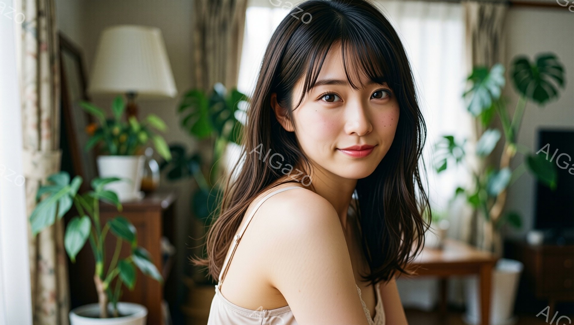 長い茶色の髪を持つ若い女性が、クリーム色のキャミソールを着て、少し微笑んでいます。彼女はわずかに体をひねっており、リラックスした雰囲気で、背景には緑豊かな植物や木製の家具が見えます。室内は柔らかい光に包まれ、穏やかで温かい雰囲気です。